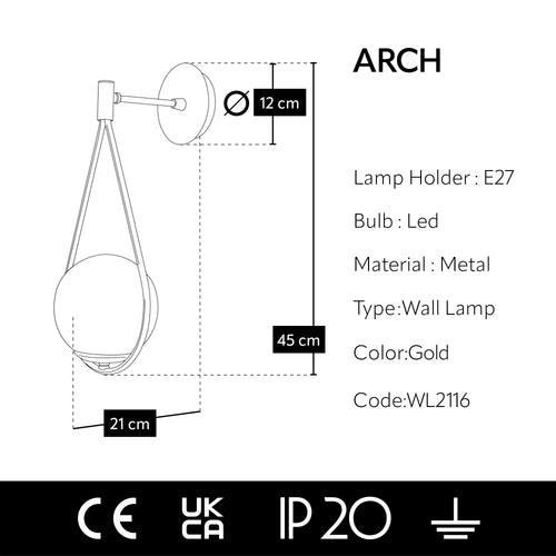 fiche produit applique murale arc doré globe opale blanc H45cm 