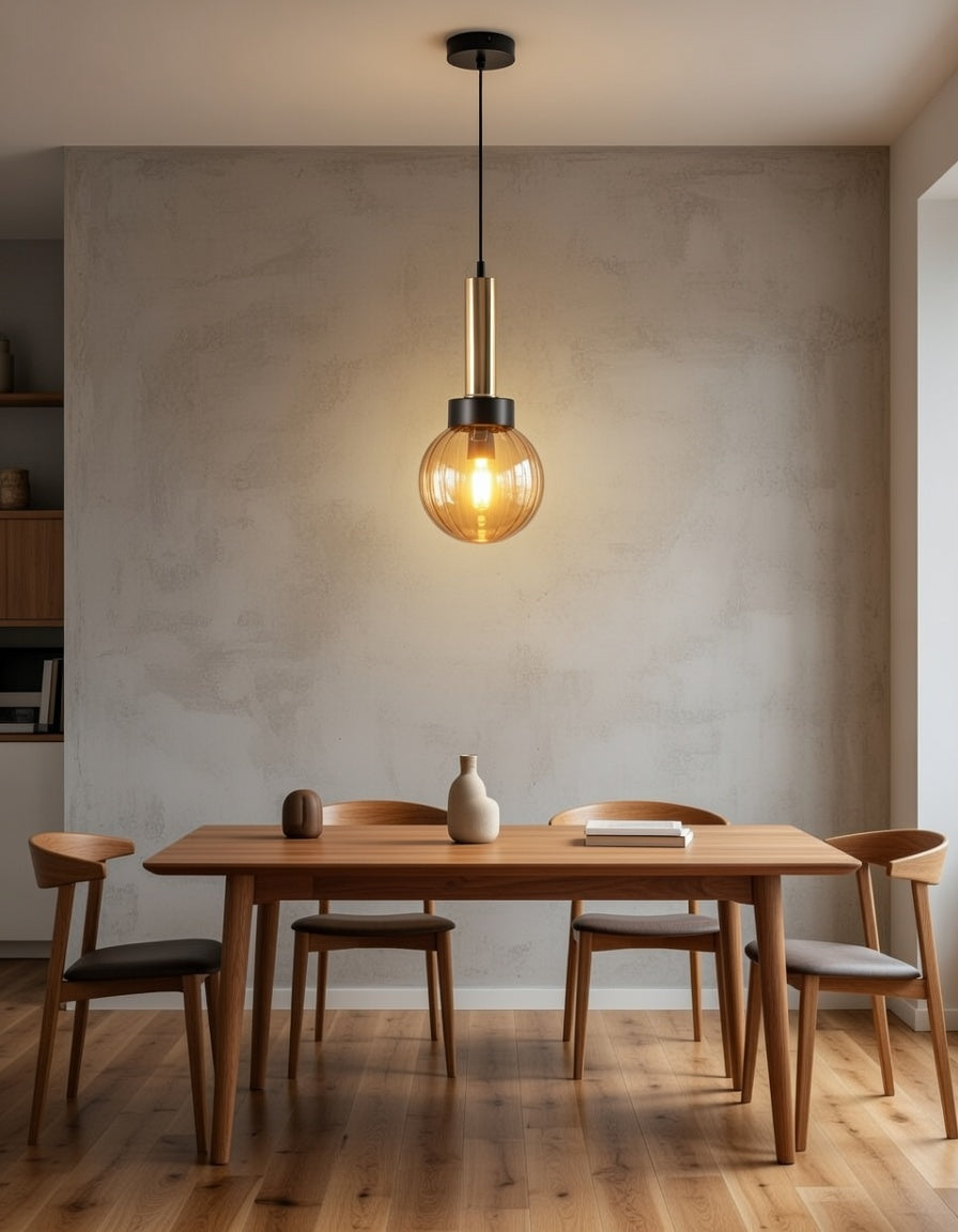 Lustre Suspendu Globe Ambré Côtelé Détail Doré Design Moderne