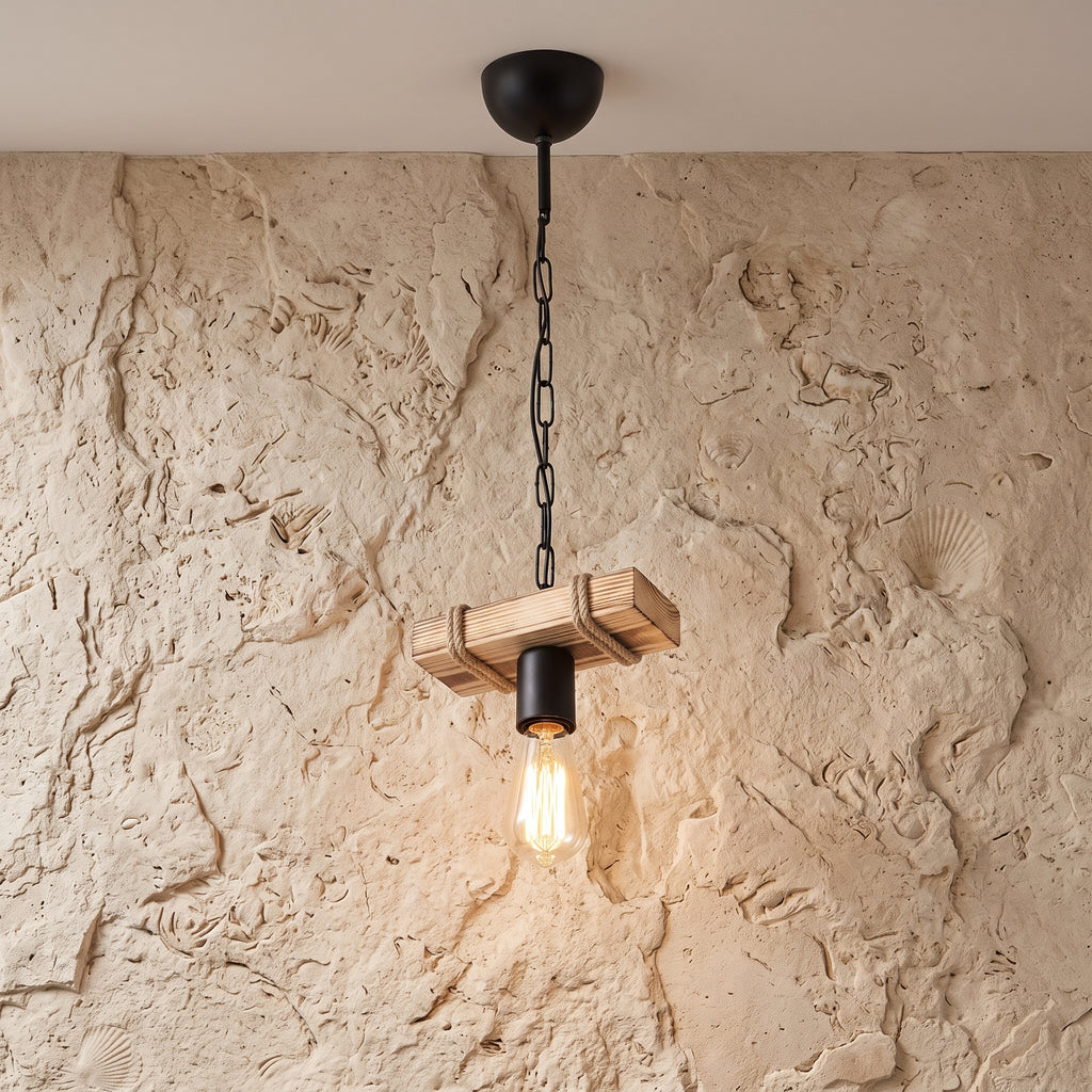 Lustre suspendu poutre bois naturel et métal noir