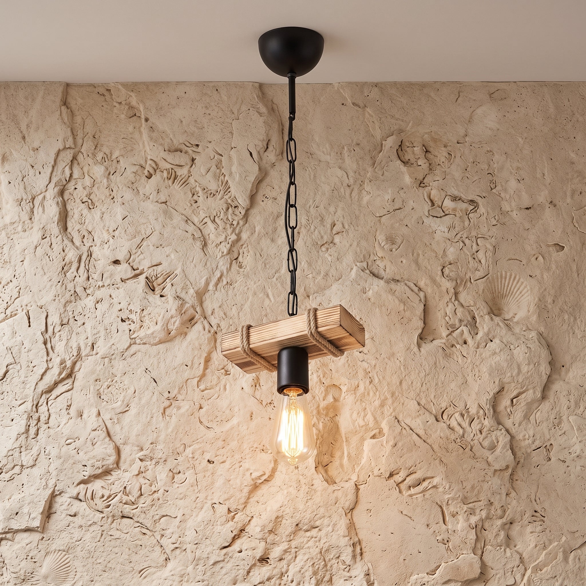 Lustre suspendu poutre bois naturel et métal noir