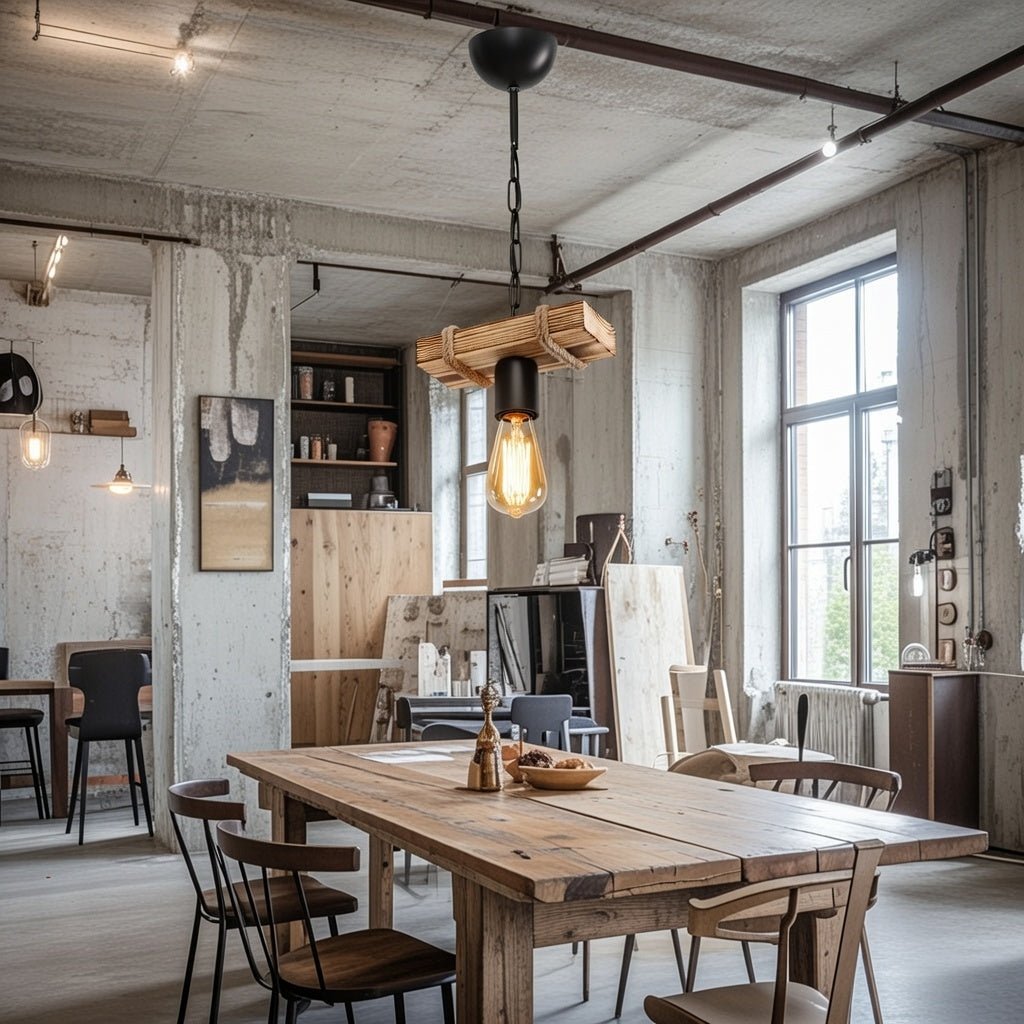 Lustre poutre bois installé au dessus d'une table à manger.