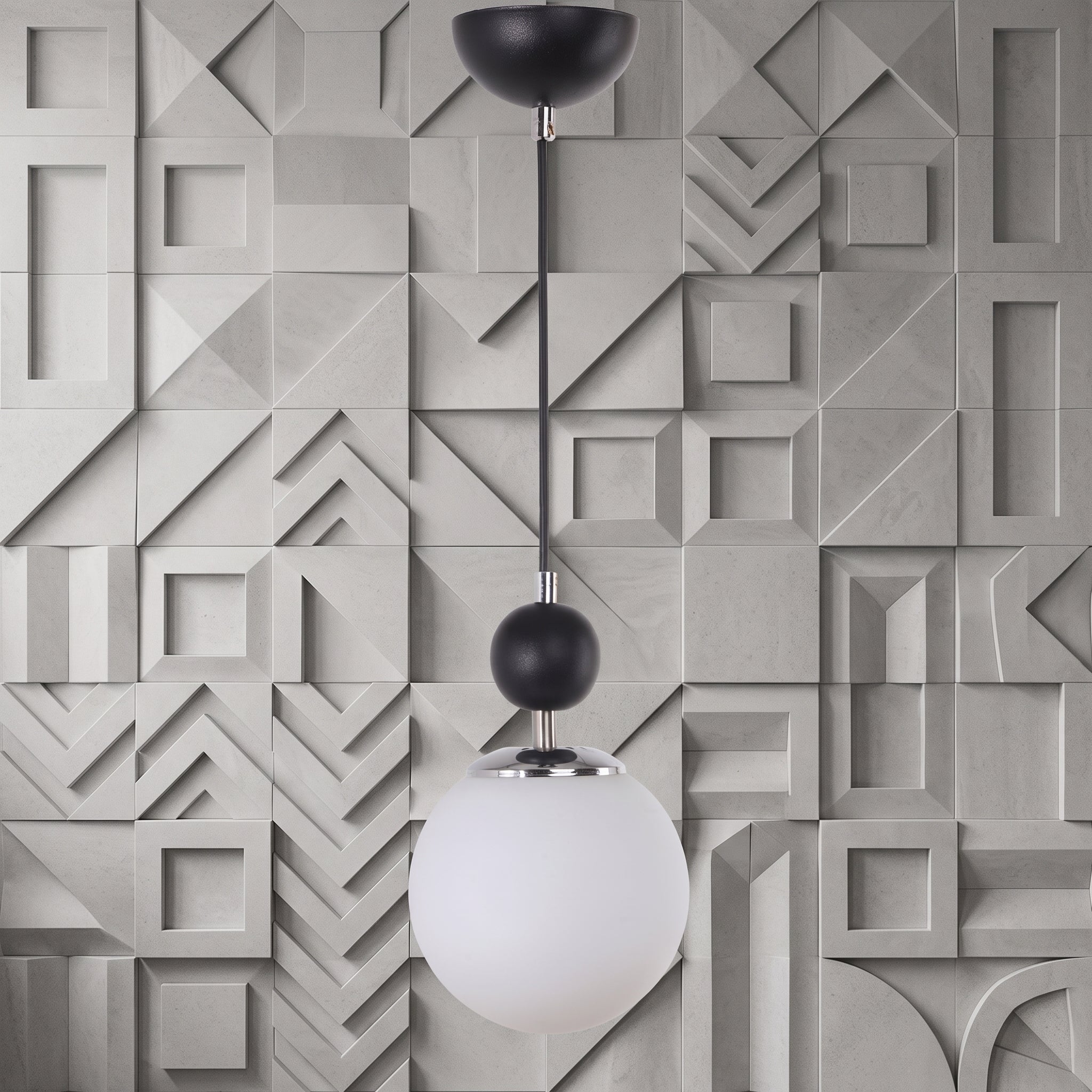Lustre suspendu globe opale blanc structure noire design moderne IP40
