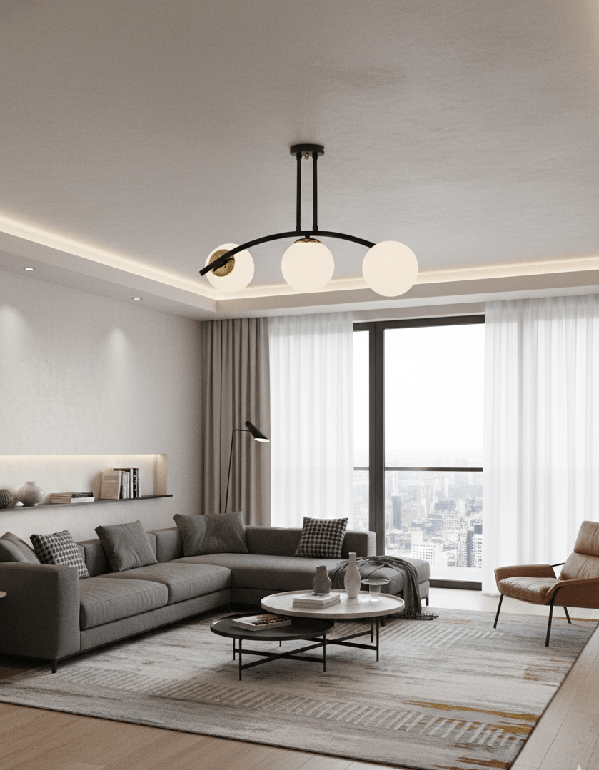 Plafonnier 3 globes opale blanc installé dans salon