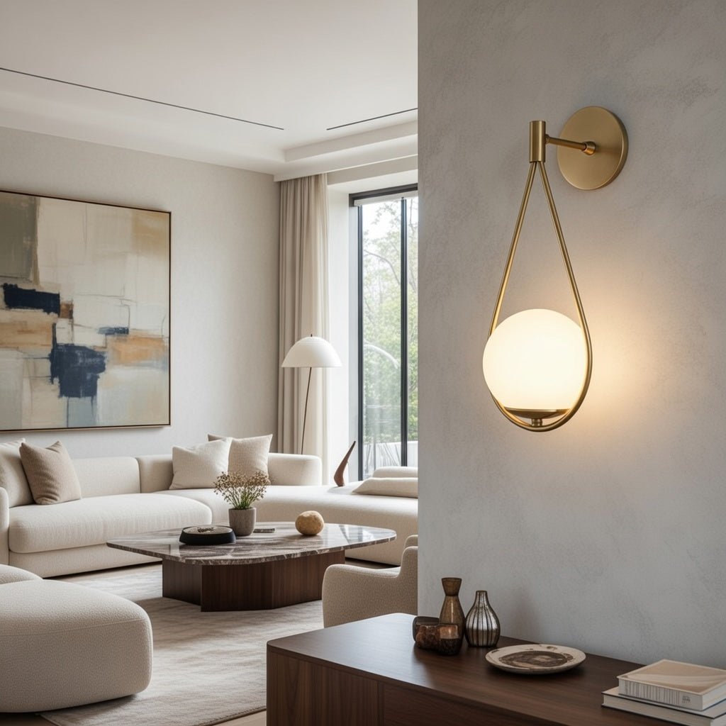 Applique globe opale blanc arc doré mur épuré salon contemporain – Lumidestock