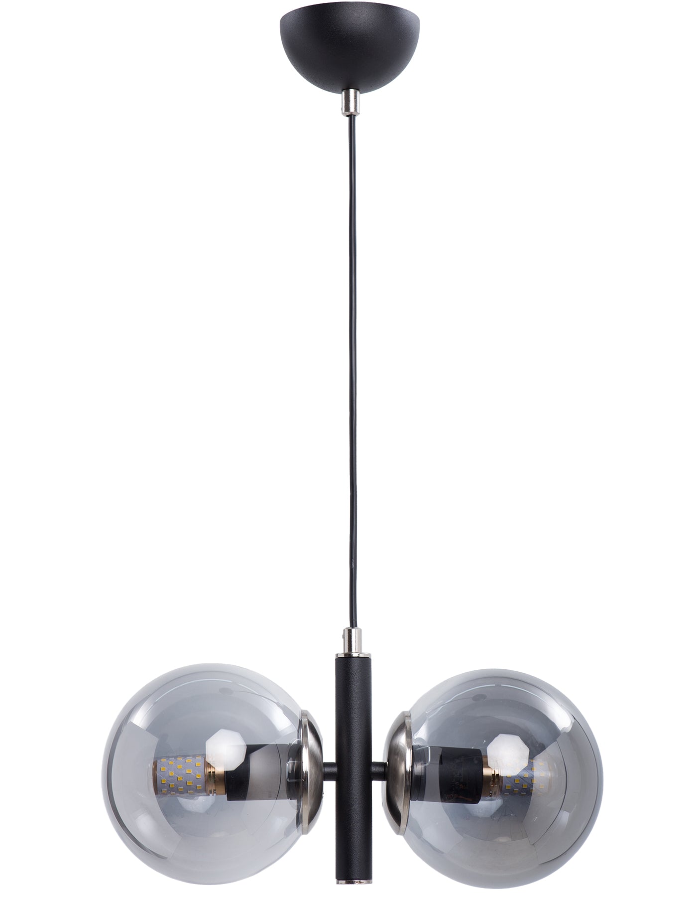 Lustre Suspension Double Globe Noir Mat et Chrome - Verre Transparent