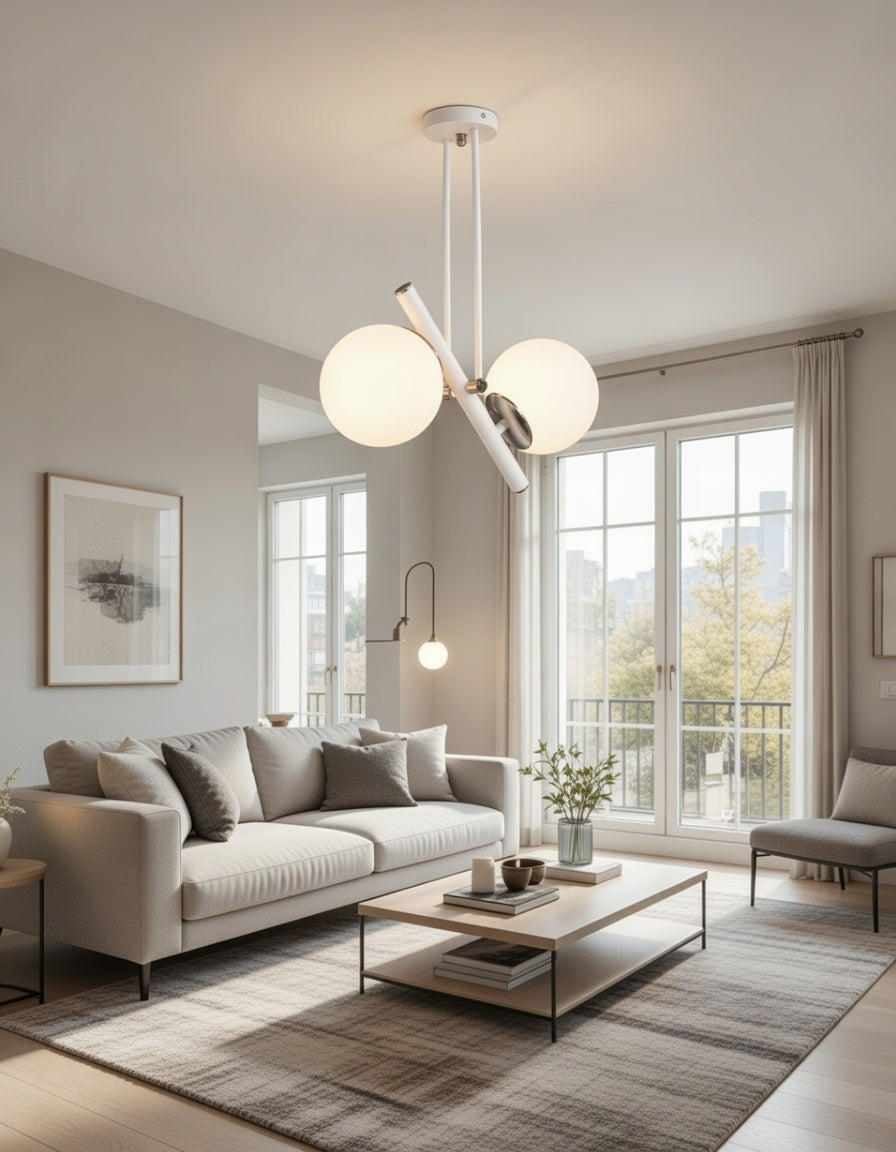 Lustre 2 Lumières Globes Blancs Opale Structure Blanche Détails Chromés Design Moderne