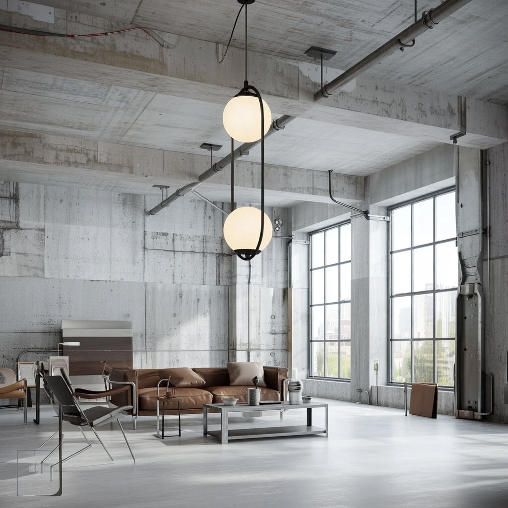 Suspension double globe haute installée dans salon