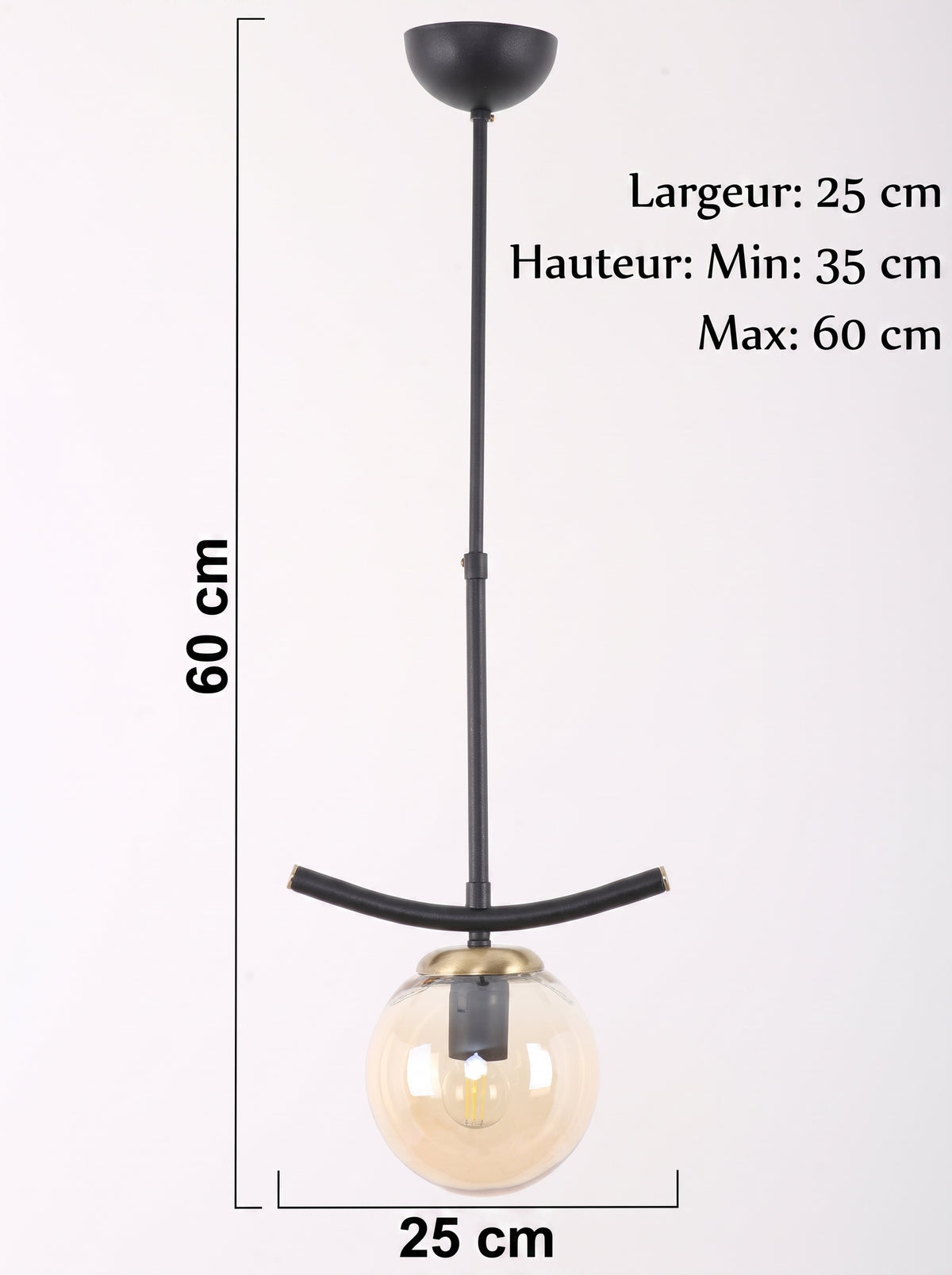 Schéma technique de la suspension globe ambré hauteur réglable de 35 à 60 cm