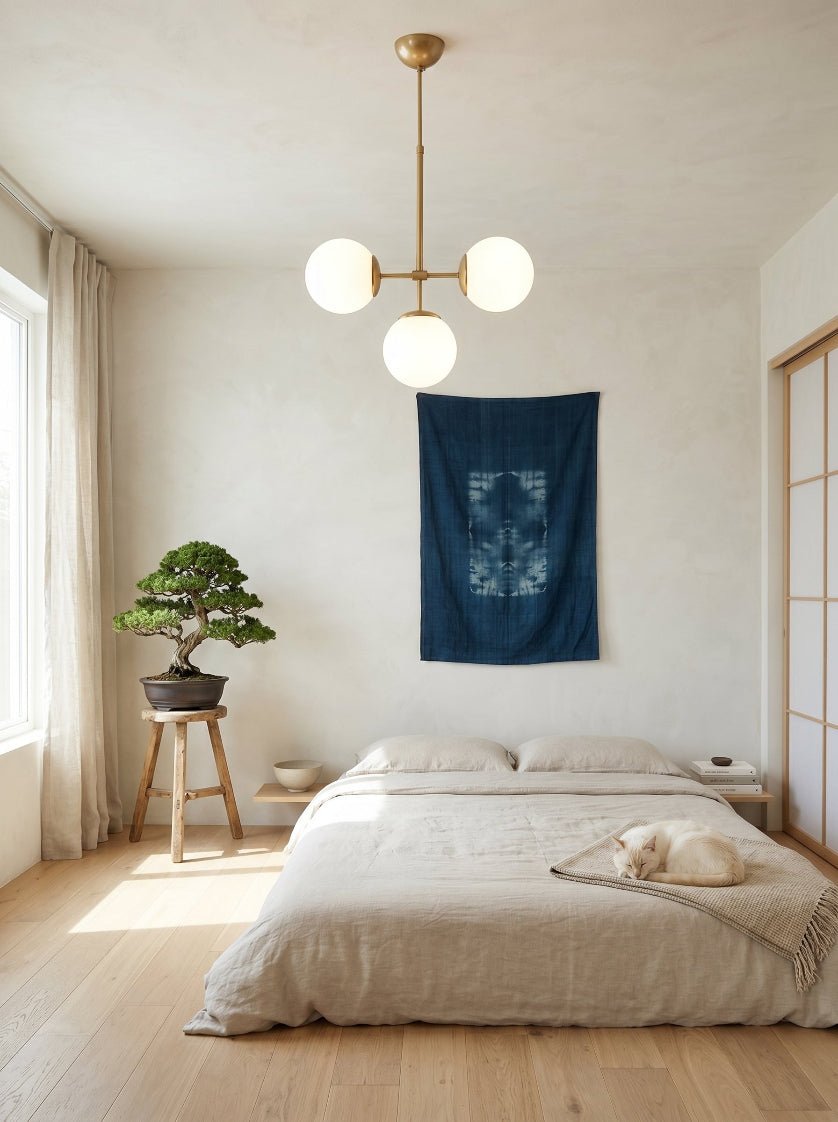 Suspension 3 globes opalin blanc laiton brossé structure T chambre japonaise shibori indigo bonsaï – Lumidestock