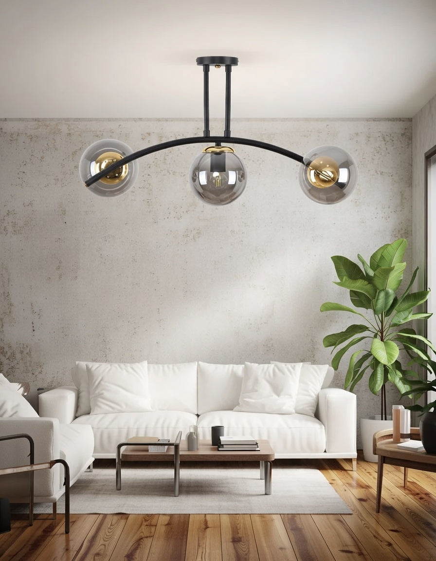 Plafonnier 3 Lumières Globes Fumés Transparents Détails Dorés Design Moderne