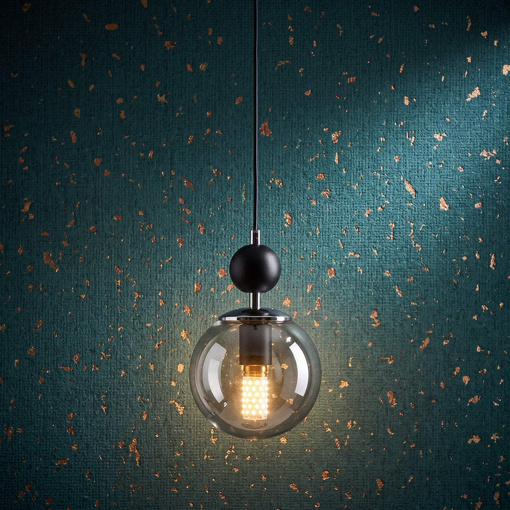 Lustre suspendu globe fumé structure noire design moderne IP40