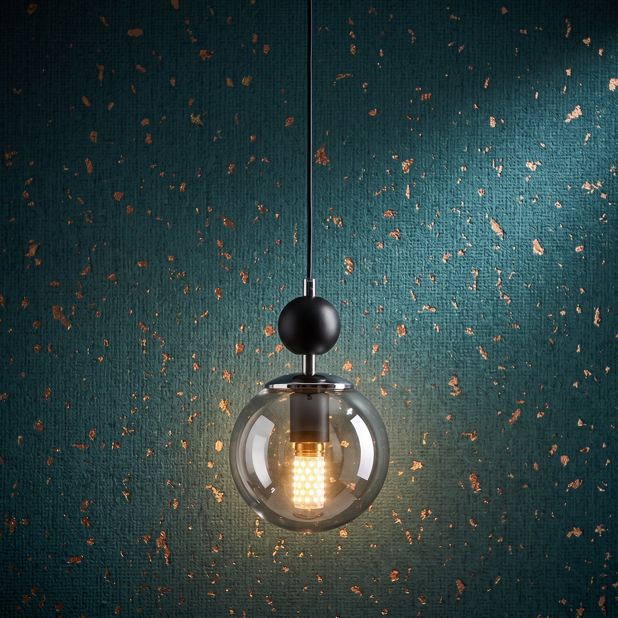 Lustre suspendu globe fumé structure noire design moderne IP40