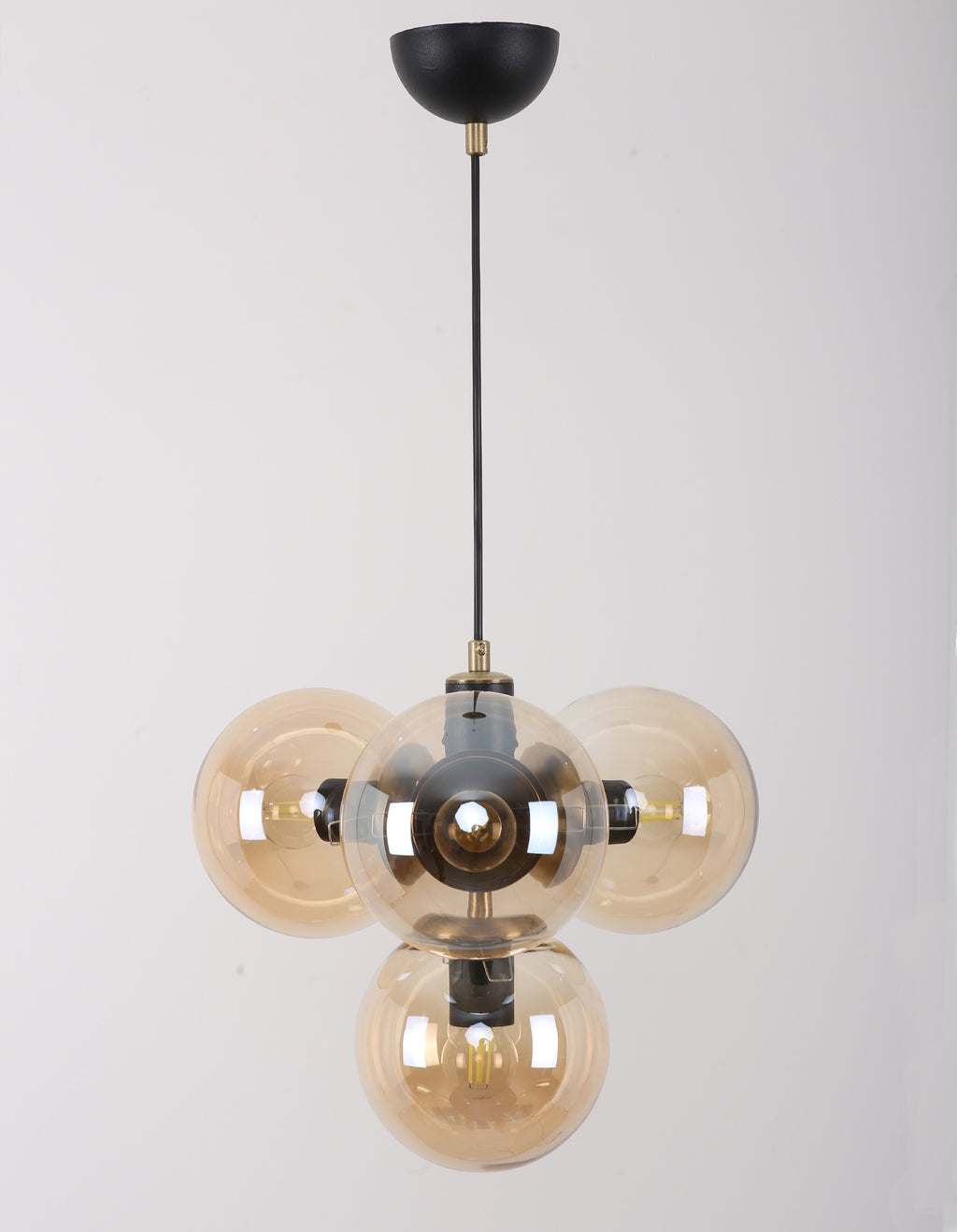 Suspension 4 globes ambré noir mat et laiton