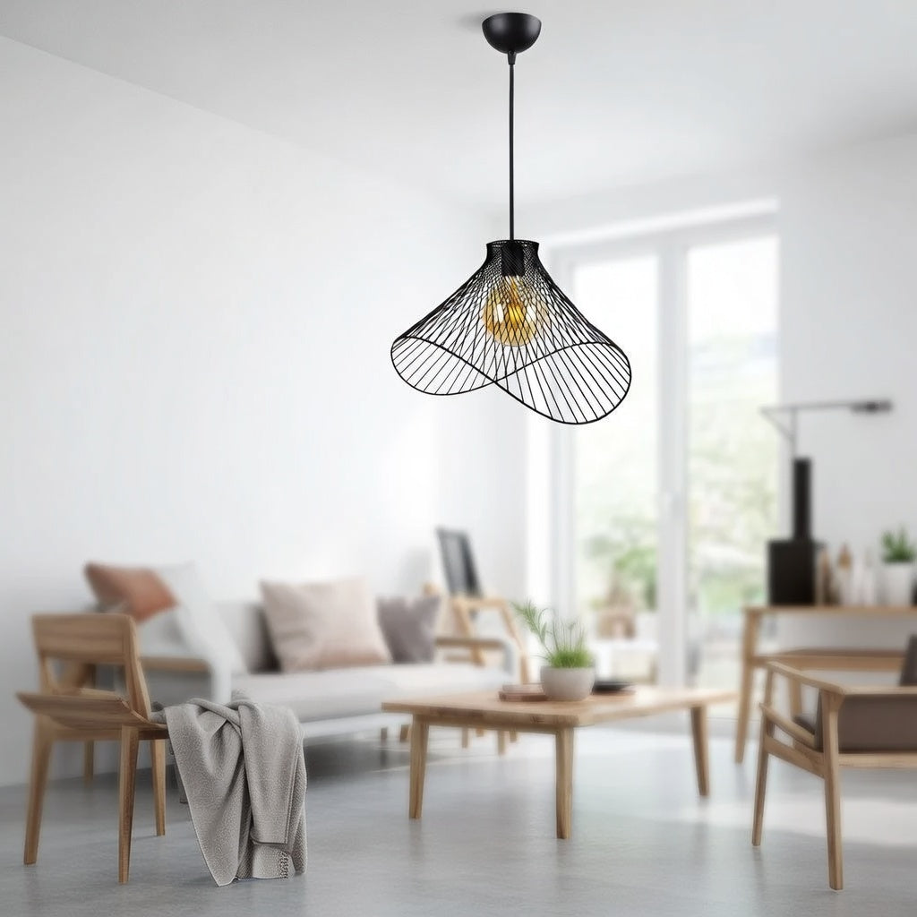 Lustre Suspendu Design Floral Fil de Fer Noir - Contemporain