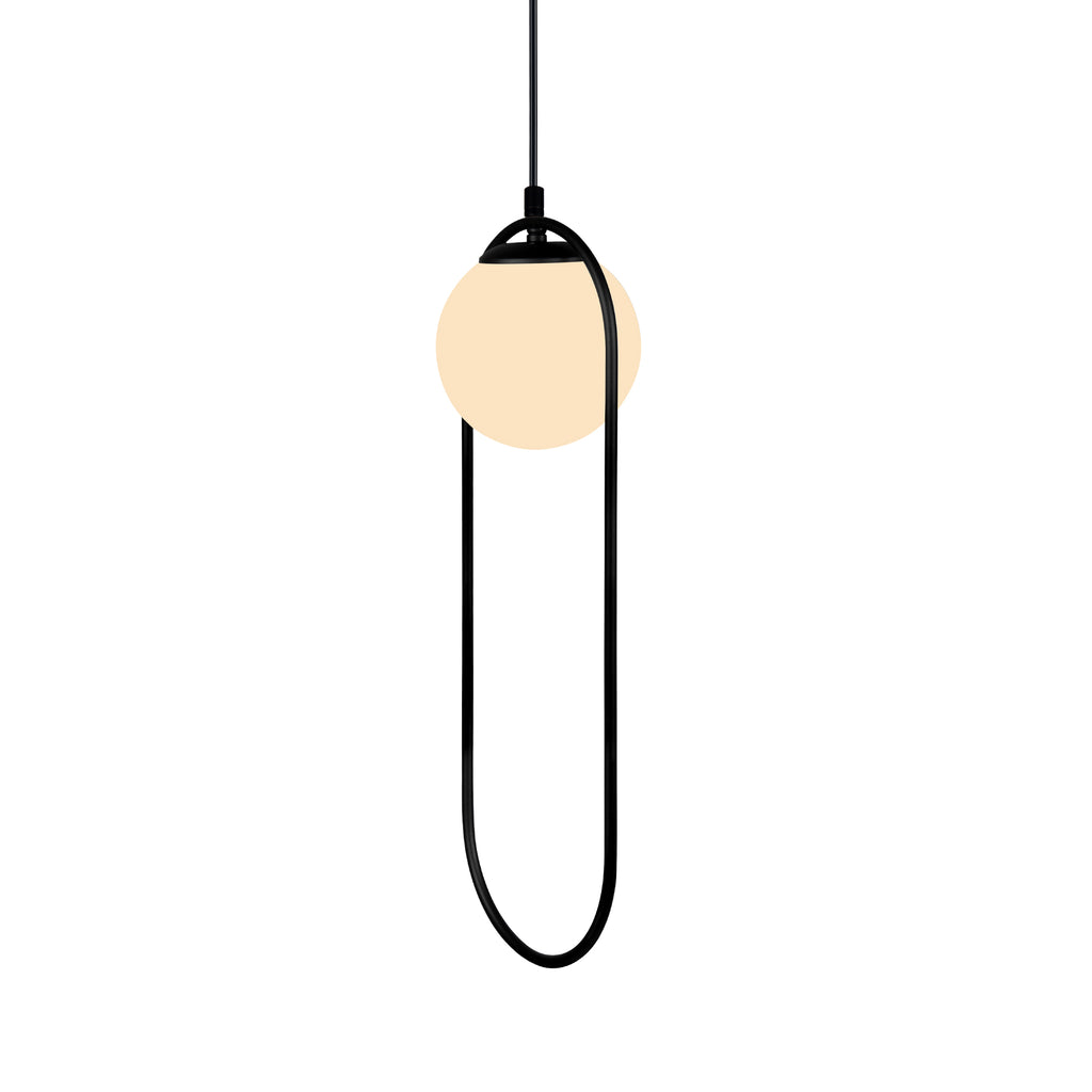 Suspension minimaliste monobulle en verre blanc  allumé et métal
