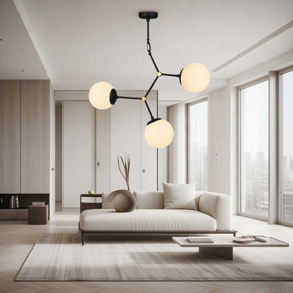 Lustre de Plafond Design Moléculaire - 3 Globes Blancs et Noir