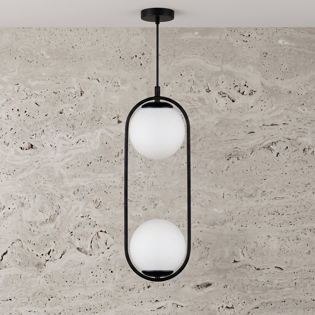 Lustre suspendu double globe transparent hauteur 146 cm design moderne