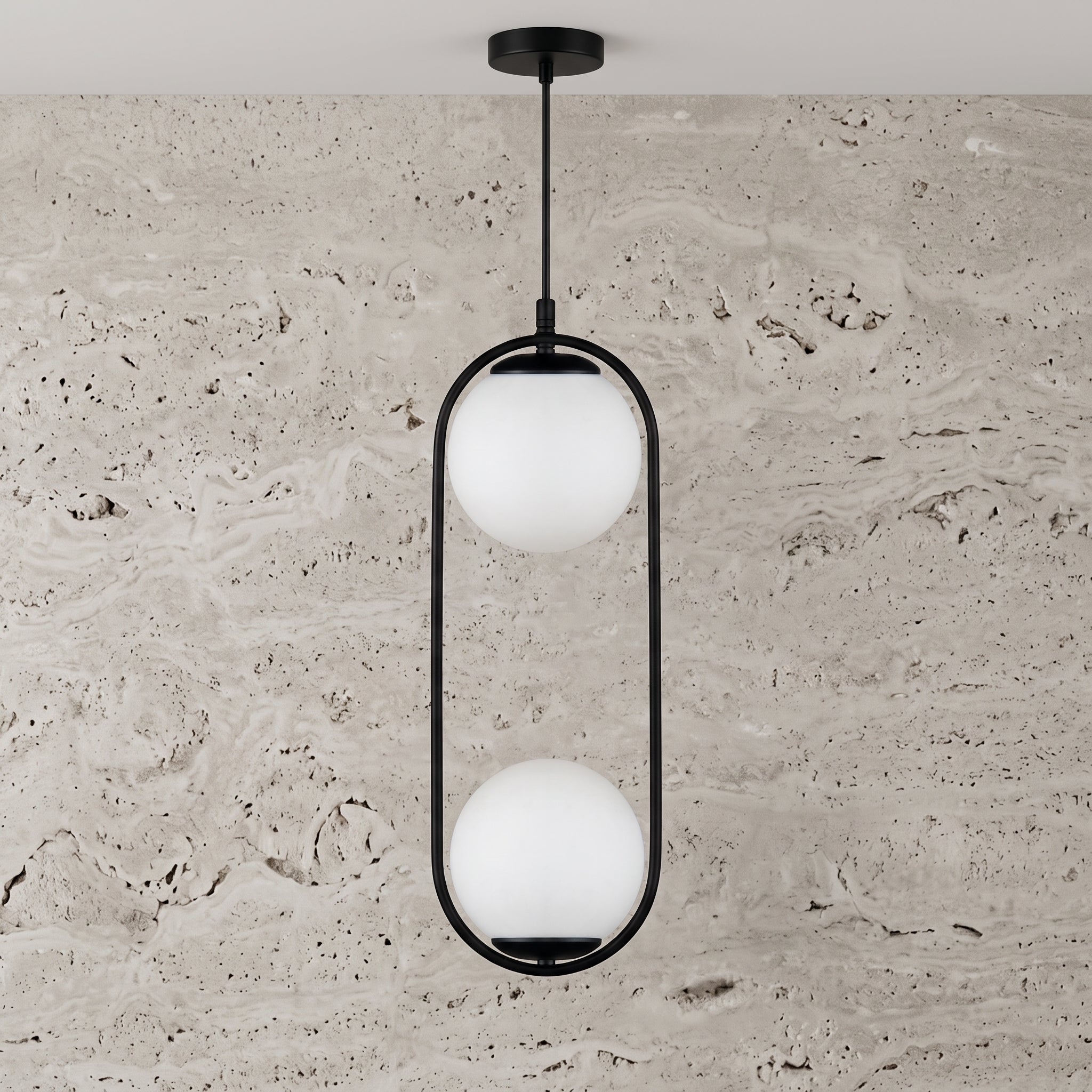 Lustre suspendu double globe transparent hauteur 146 cm design moderne