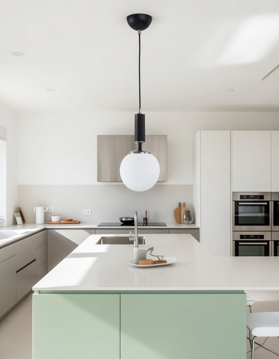 Suspension Globe Noir Mat et Chrome - Verre Blanc Opale