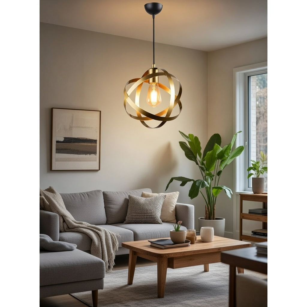 Lustre Suspendu  - Sphère Anneaux Dorés Design Moderne