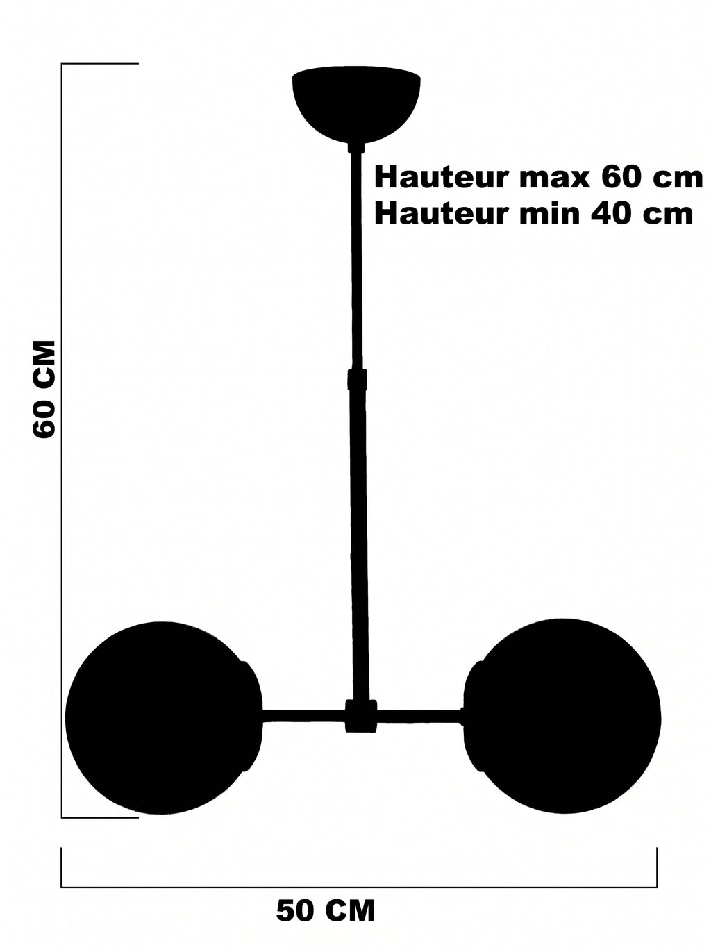 Schéma technique de la suspension 2 globes fumés largeur 50 cm