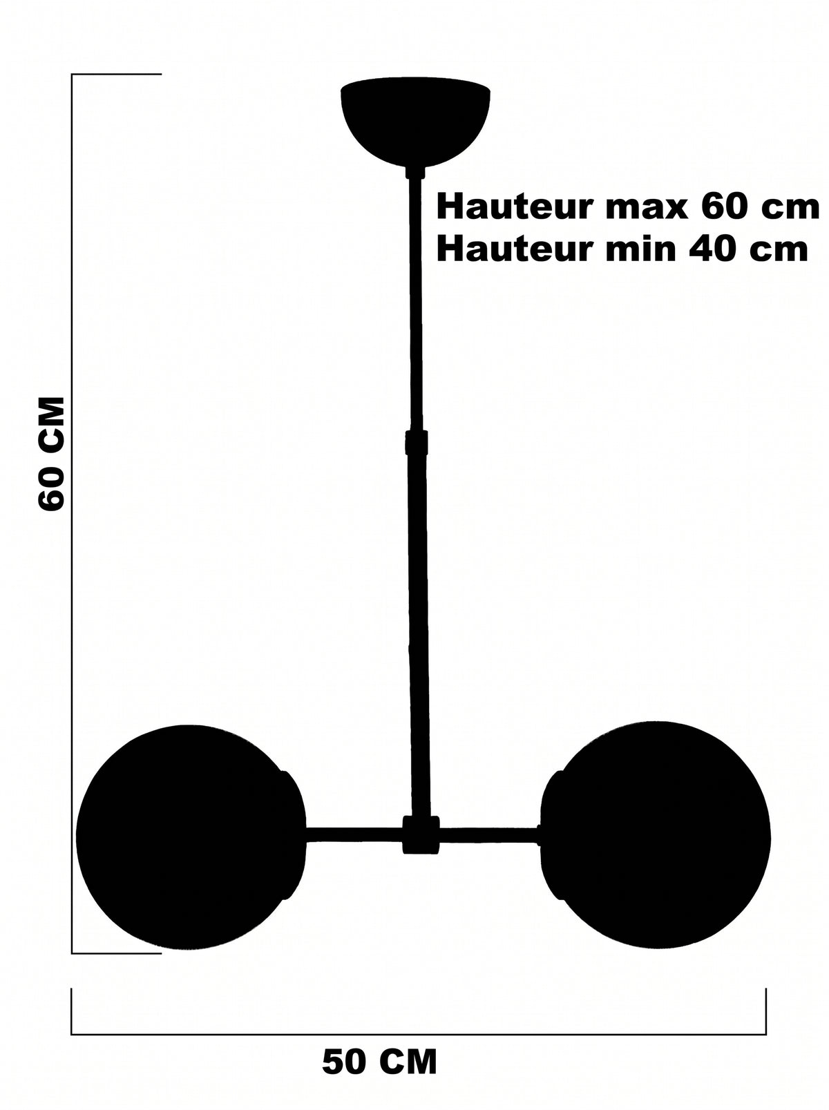 Schéma technique de la suspension 2 globes blancs largeur 50 cm et hauteur réglable