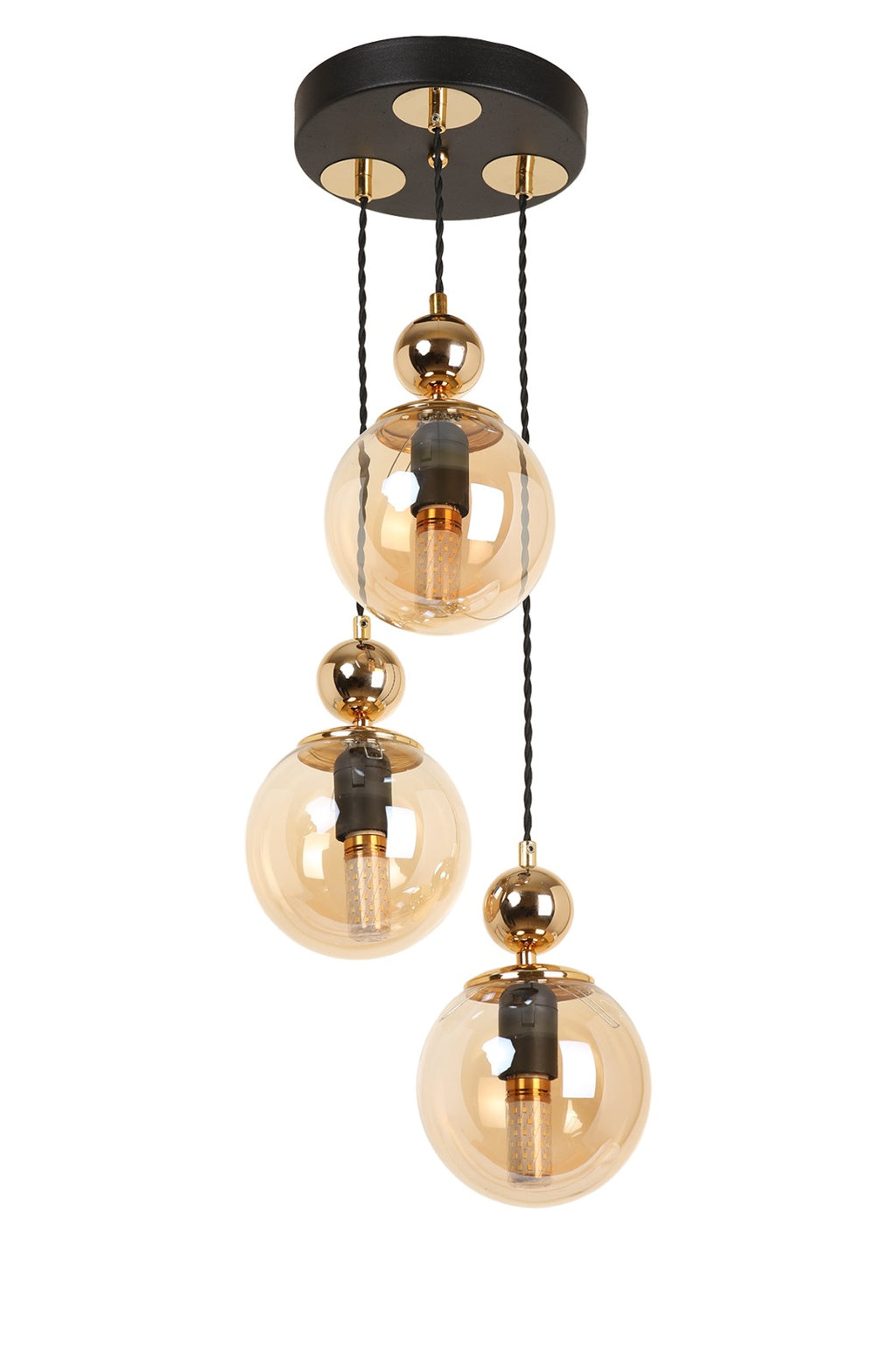 Suspension cascade 3 globes ambré noir mat et doré