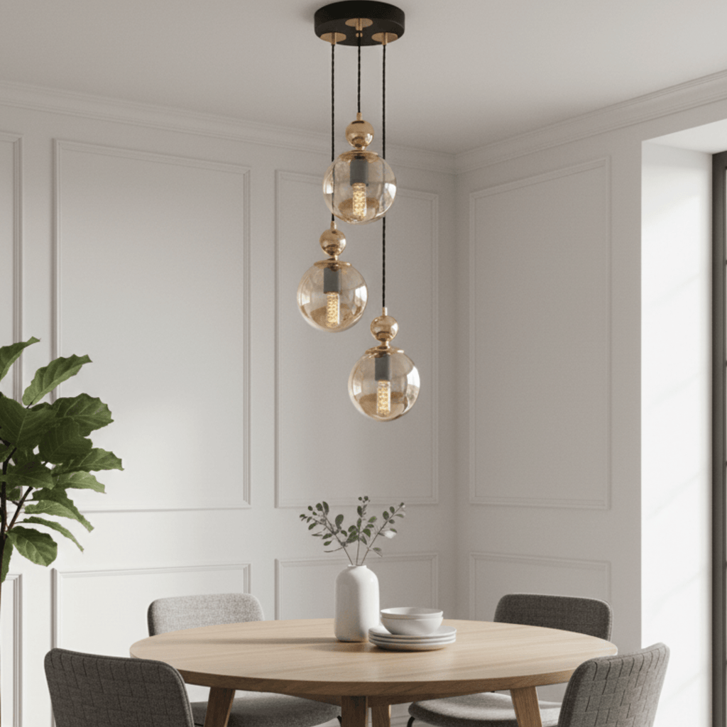 Suspension cascade 3 globes ambré transparent noir mat et doré E27 – vue complète allumée