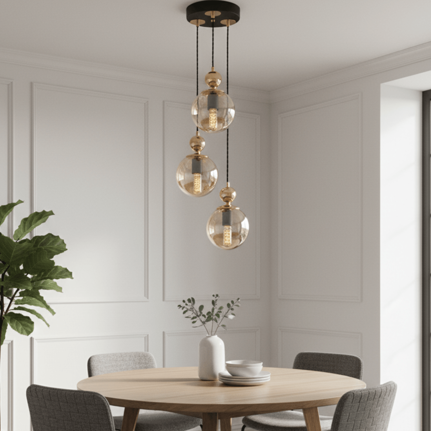 Suspension cascade 3 globes ambré transparent noir mat et doré E27 – vue complète allumée