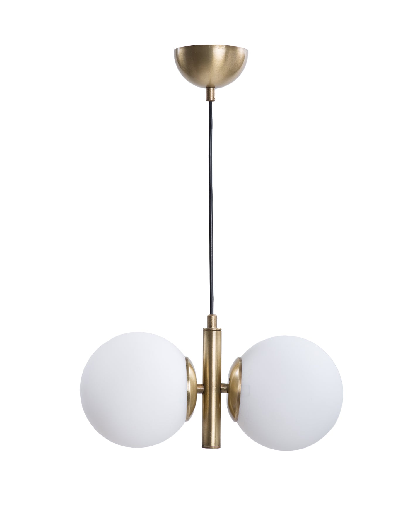 Lustre Suspension Double Globe Laiton Brossé et Verre Blanc