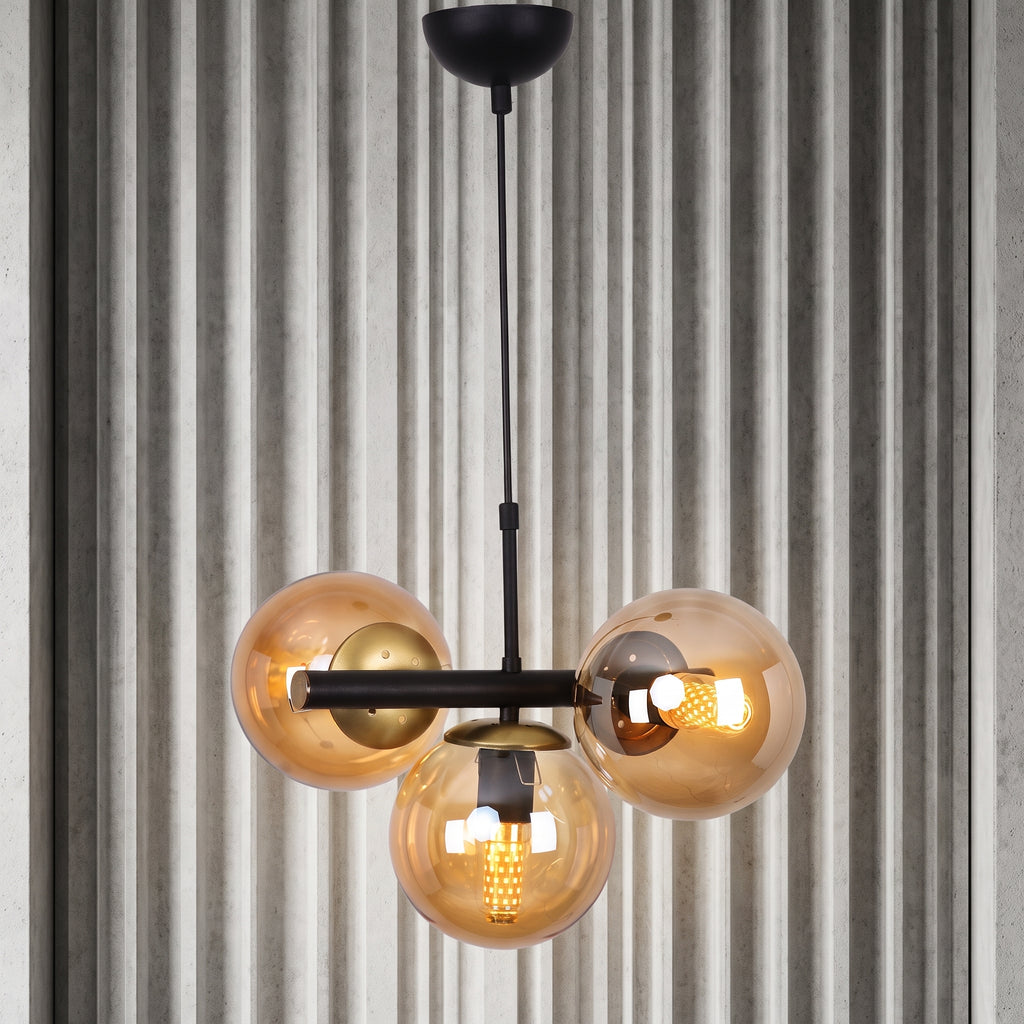 Suspension 3 globes ambré noir et doré design moderne IP40