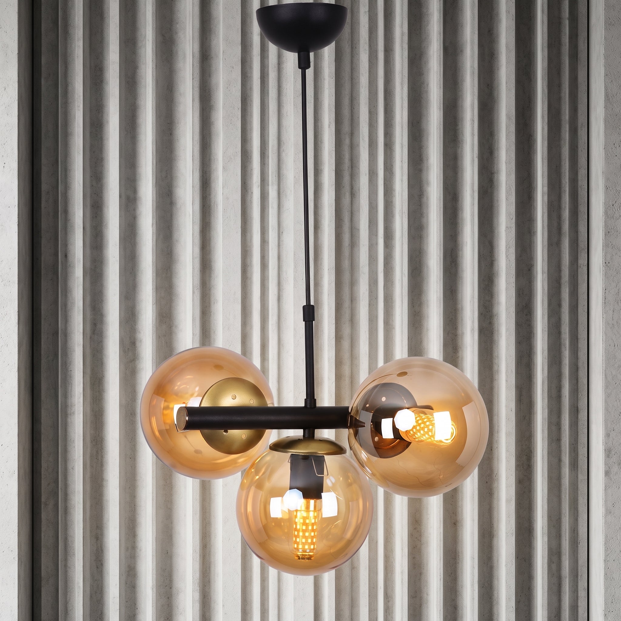 Suspension 3 globes ambré noir et doré design moderne IP40