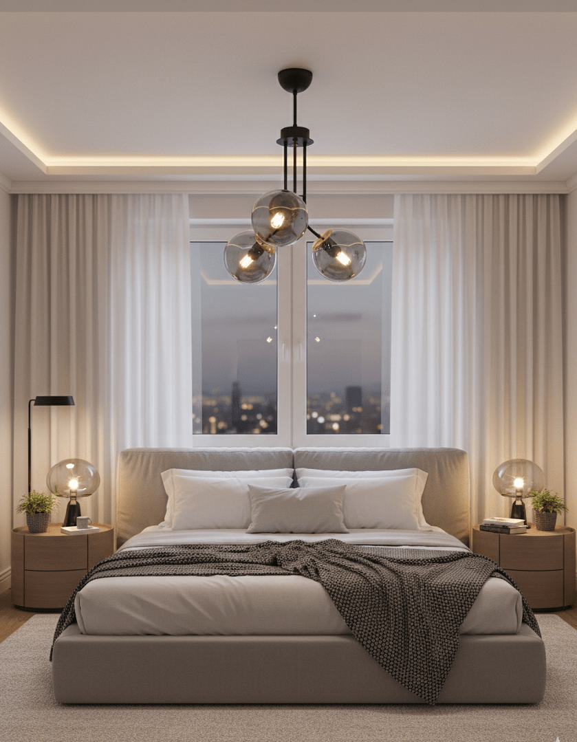Lustre 3 globes fumés noir et doré au dessus d'un lit