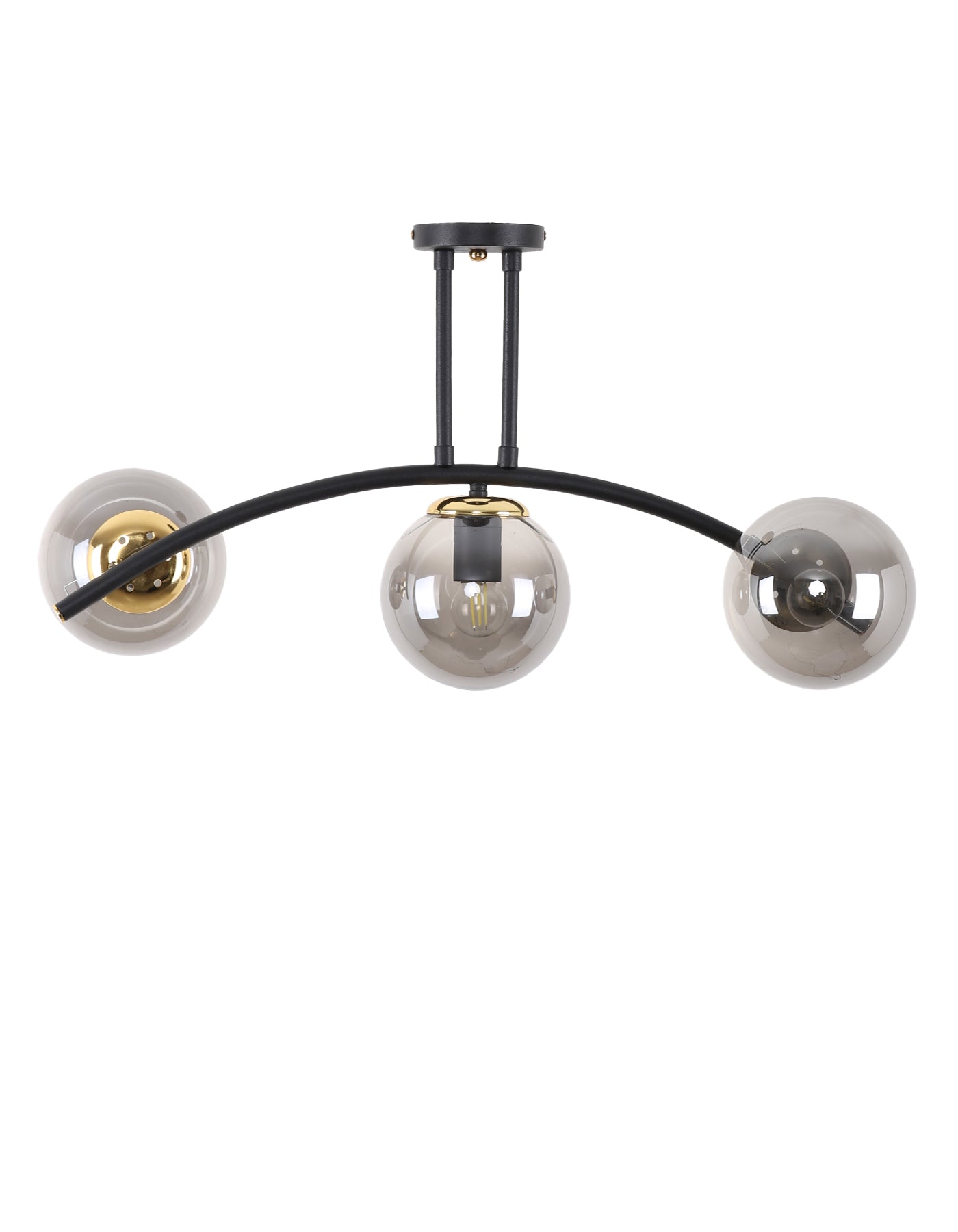 Plafonnier 3 Lumières Globes Fumés Transparents Détails Dorés Design Moderne