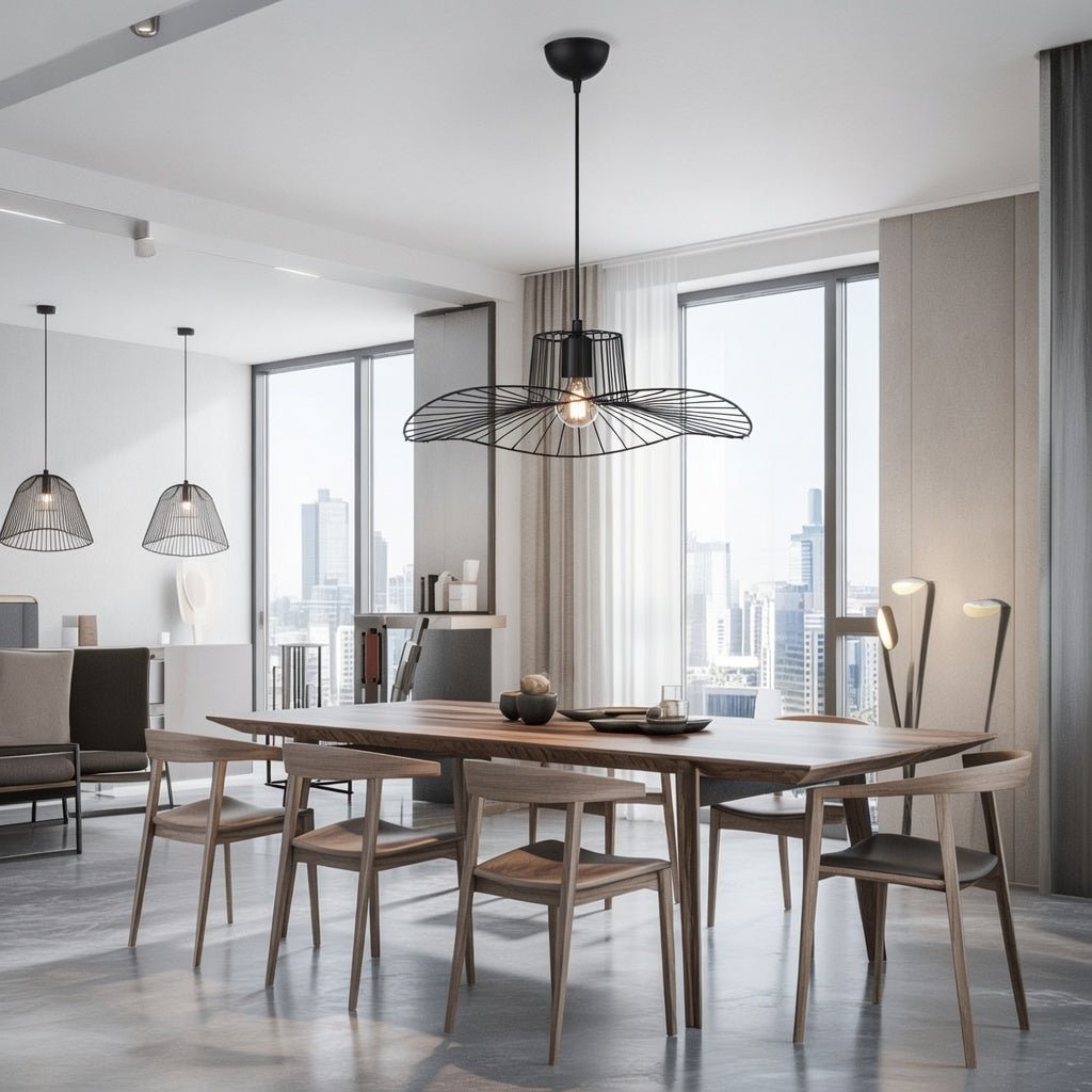 Lustre filaire noir évasé installé dans un salon