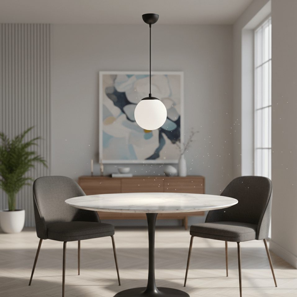 Suspension globe blanc noir installée au-dessus d'une table à manger
