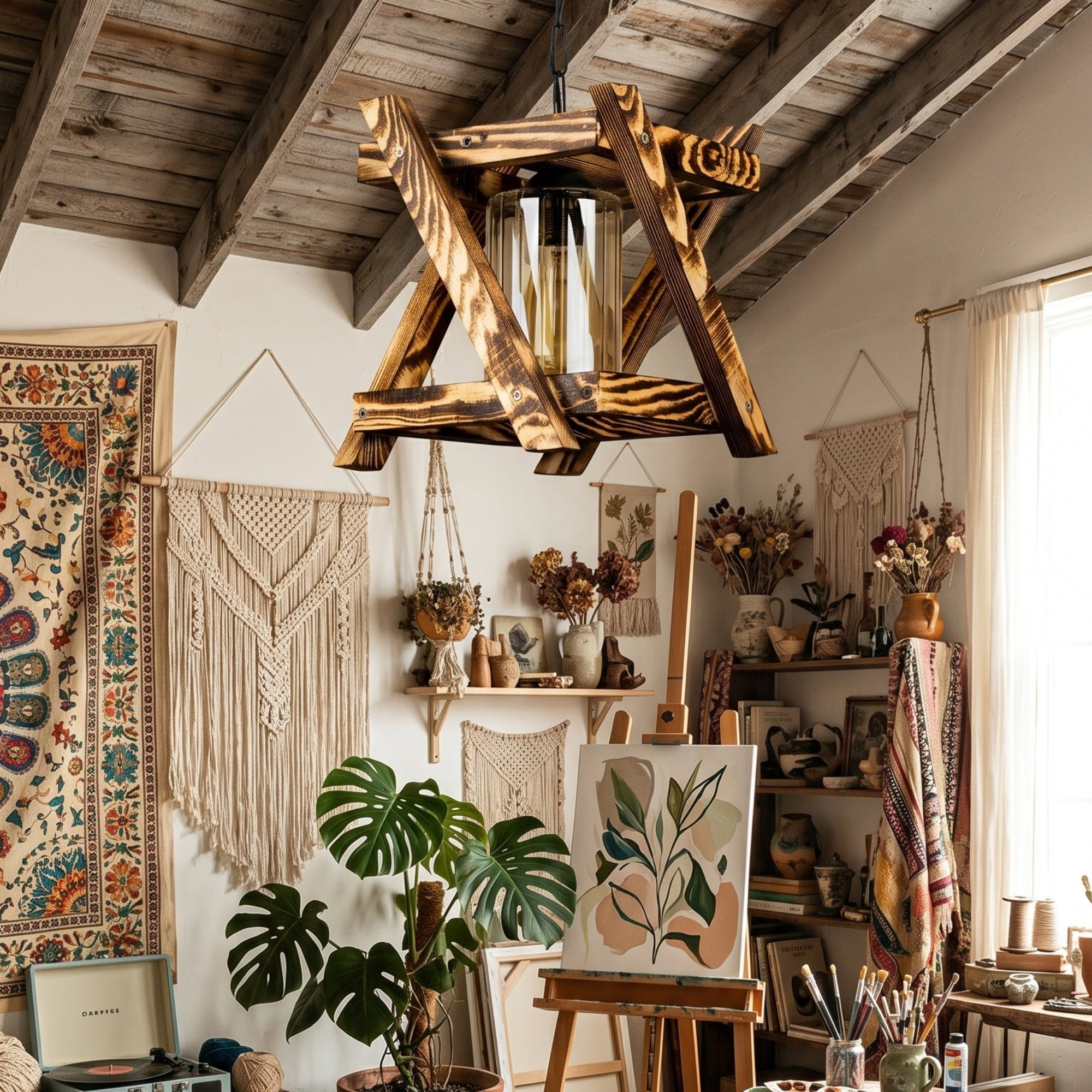 Lustre bois naturel installé dans un chalet