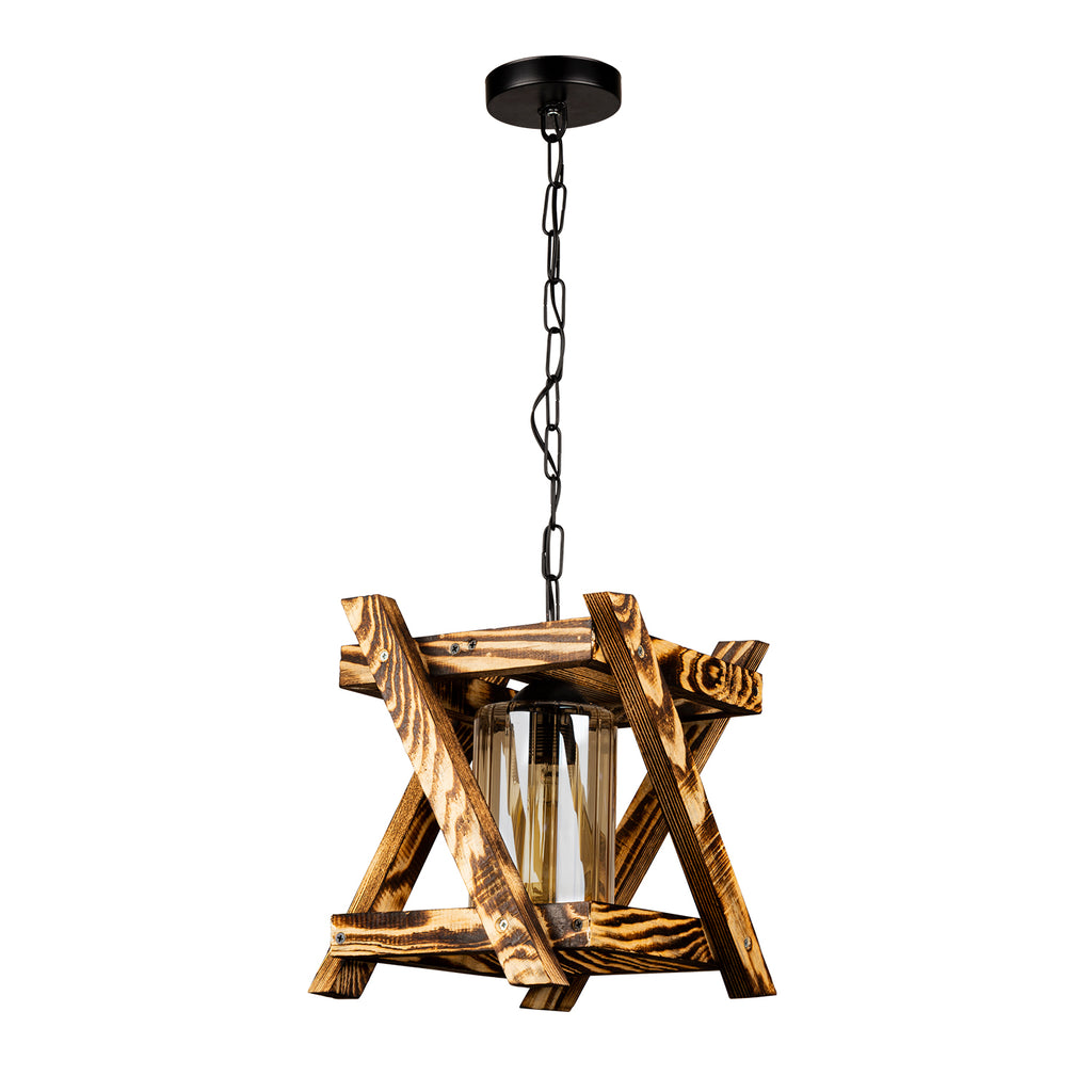 Texture bois naturel et finitions artisanales sur lustre suspendu rustique E27