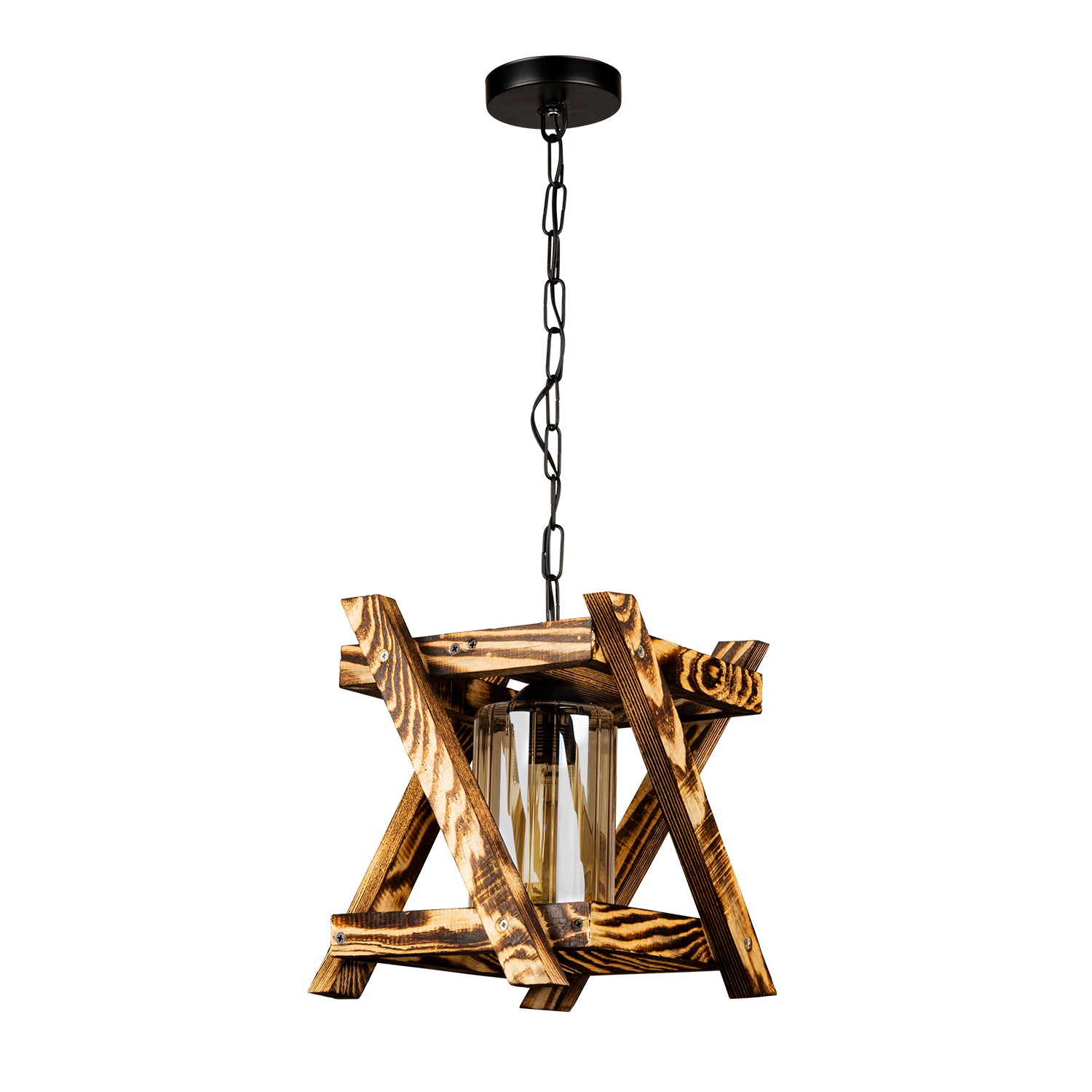 Texture bois naturel et finitions artisanales sur lustre suspendu rustique E27