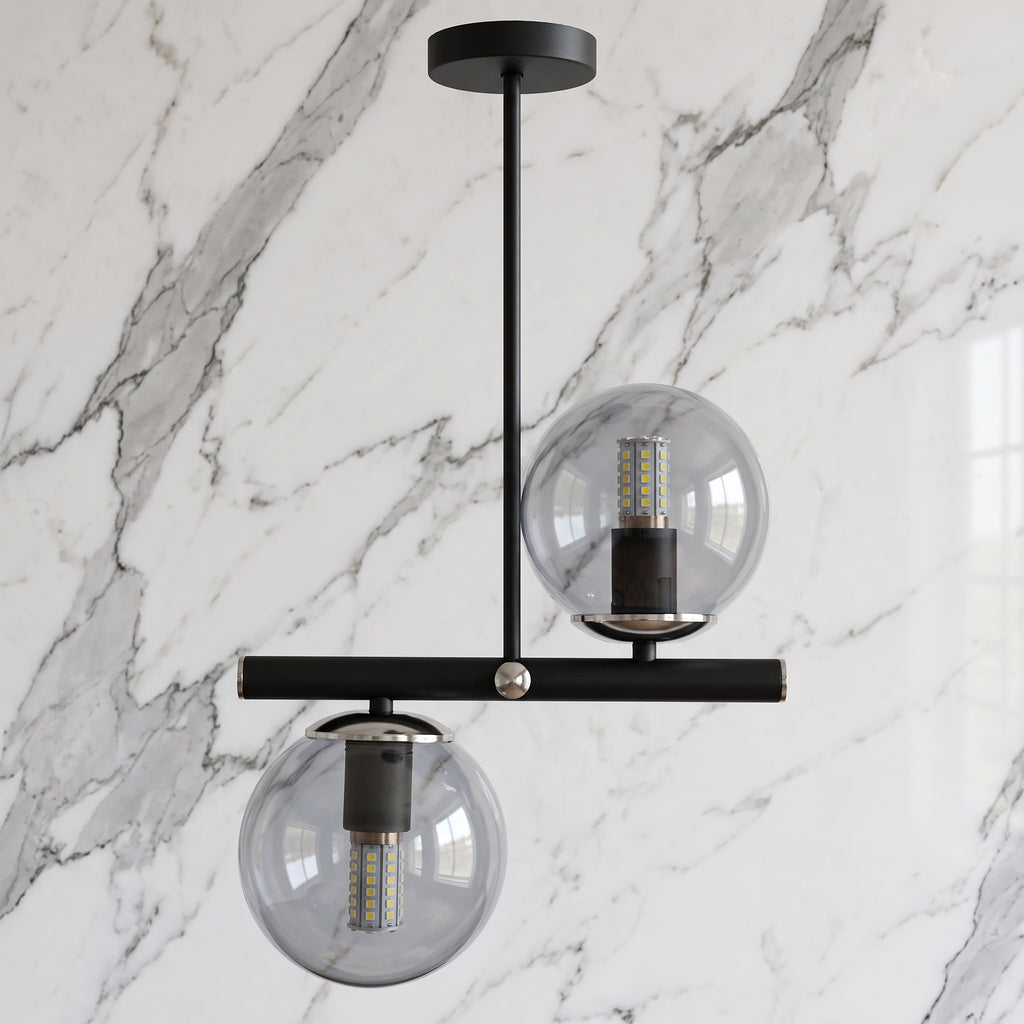 Lustre 2 globes fumés structure noire diagonale design moderne IP40