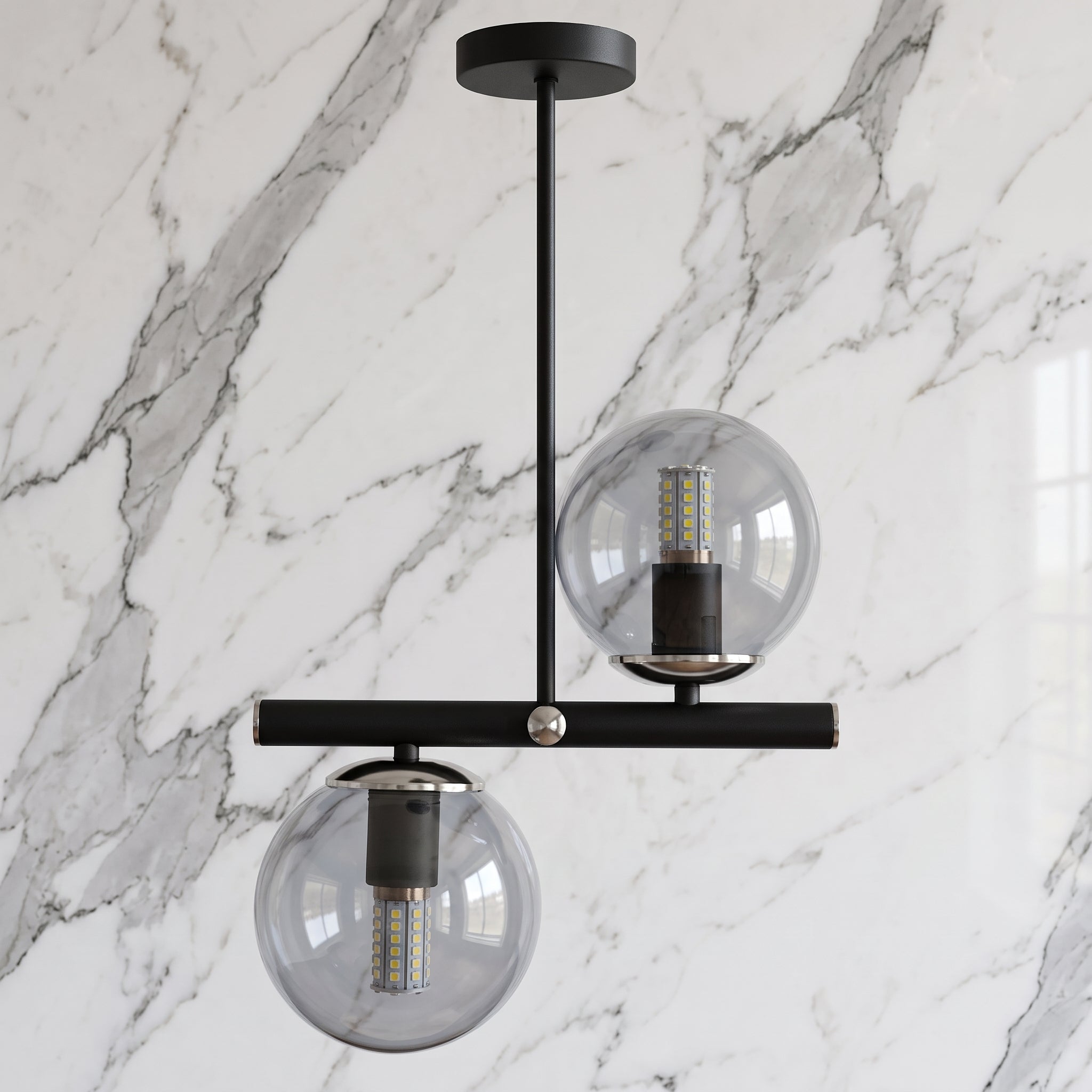 Lustre 2 globes fumés structure noire diagonale design moderne IP40