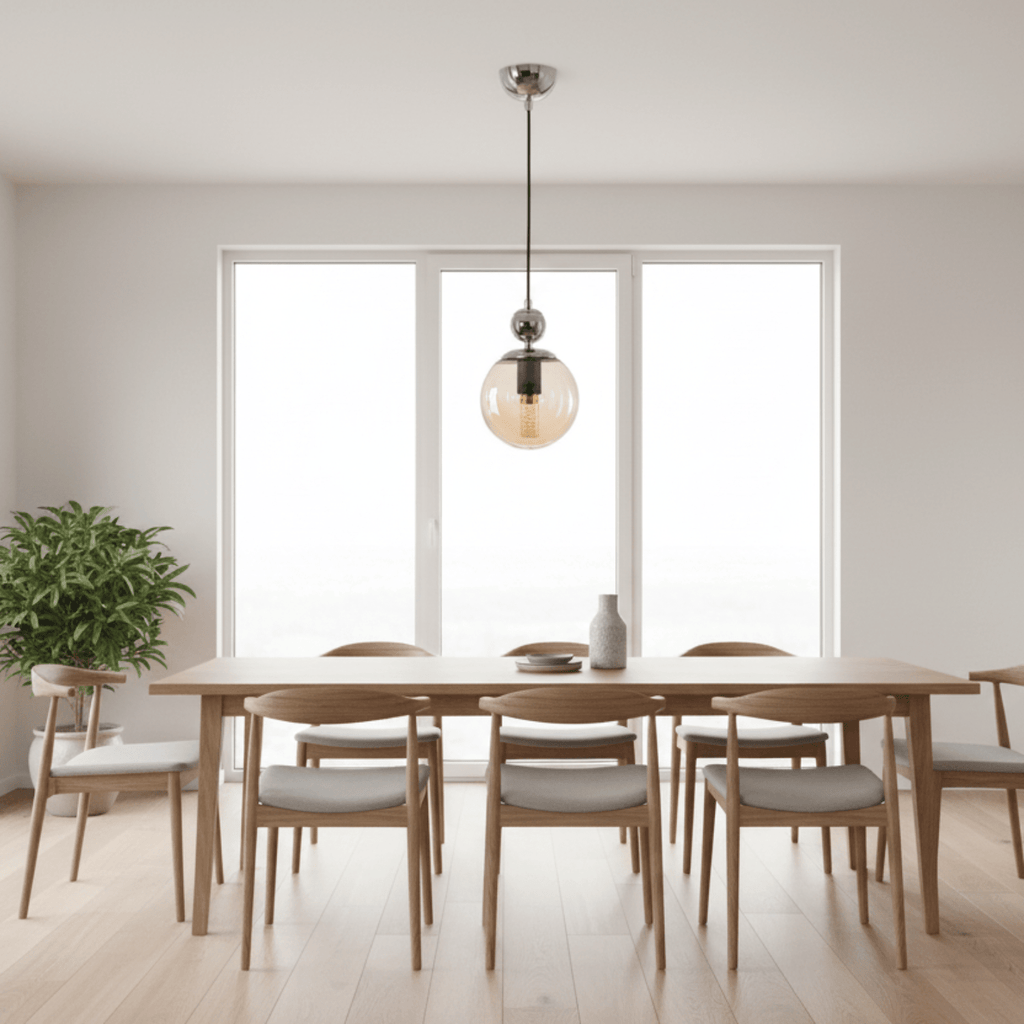 Suspension globe ambré transparent chrome brillant boule décorative salle à manger bois clair - Lumidestock