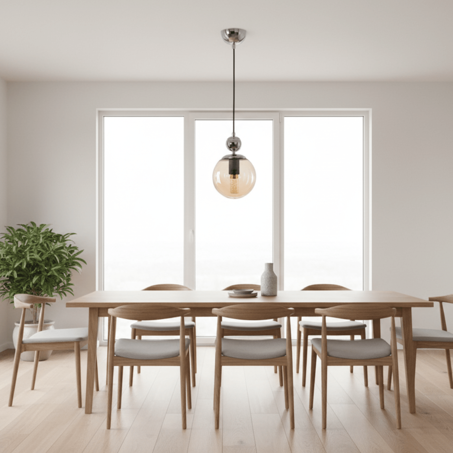Suspension globe ambré transparent chrome brillant boule décorative salle à manger bois clair - Lumidestock