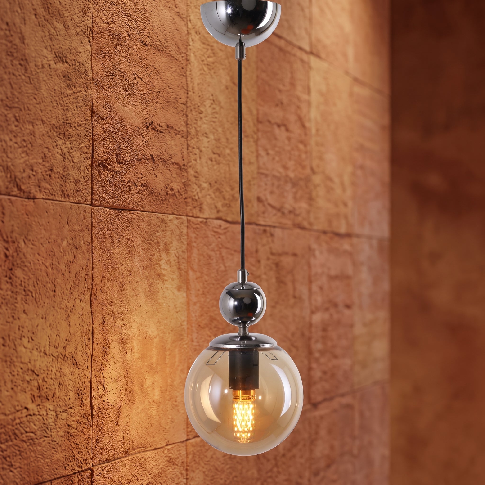 Suspension globe ambré transparent chromé design moderne IP40