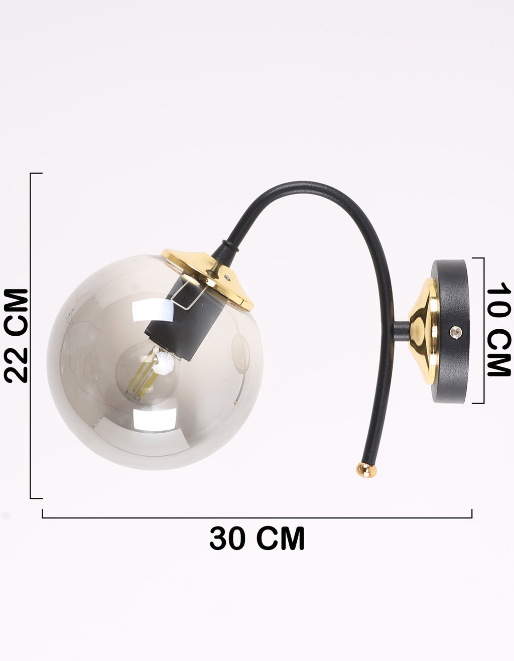 Applique Murale Globe Fumé Transparent Structure Noire Détails Dorés Design Moderne