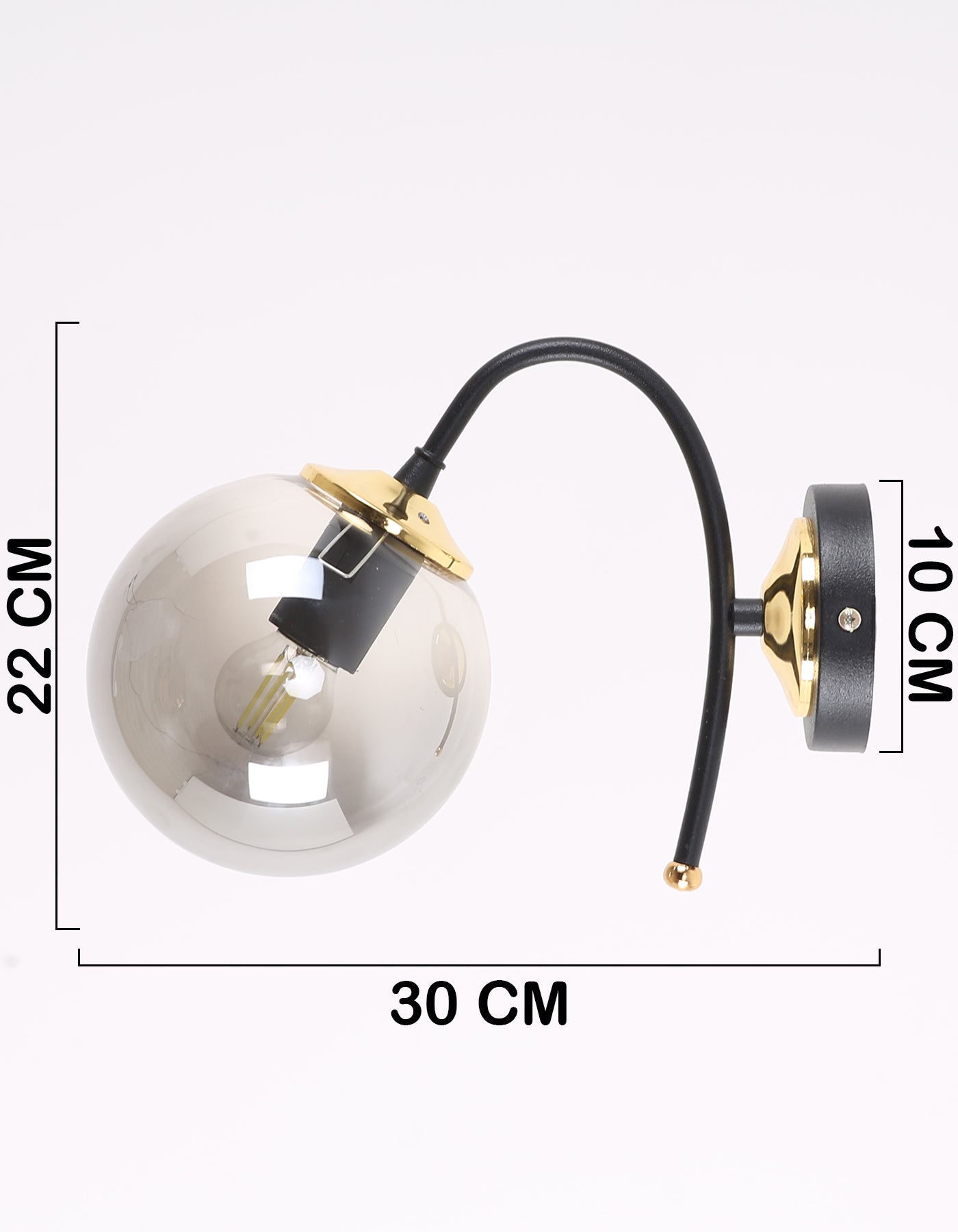 Applique Murale Globe Fumé Transparent Structure Noire Détails Dorés Design Moderne