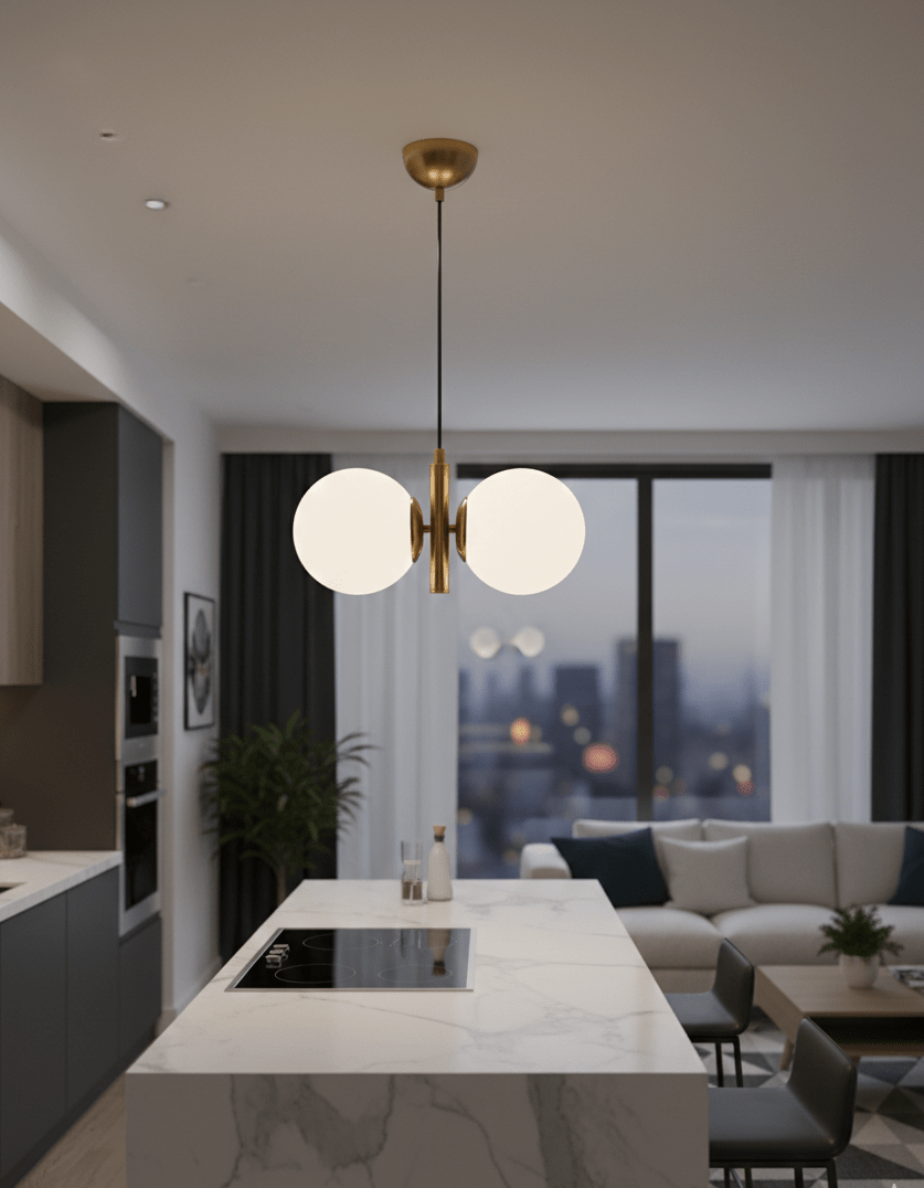 Lustre double globe laiton brossé installé au dessus d'un ilot de cuisine