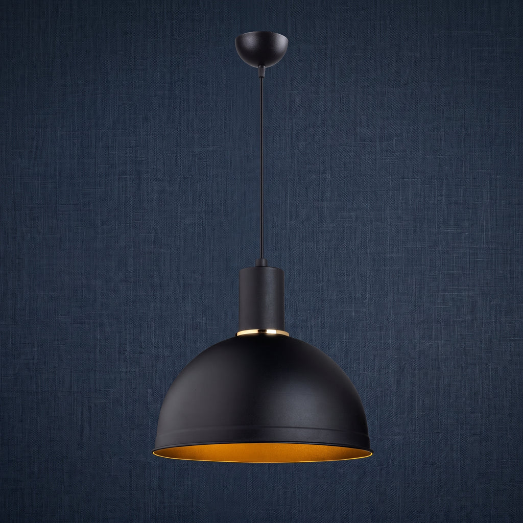 Lustre dôme noir mat intérieur doré Ø28 cm