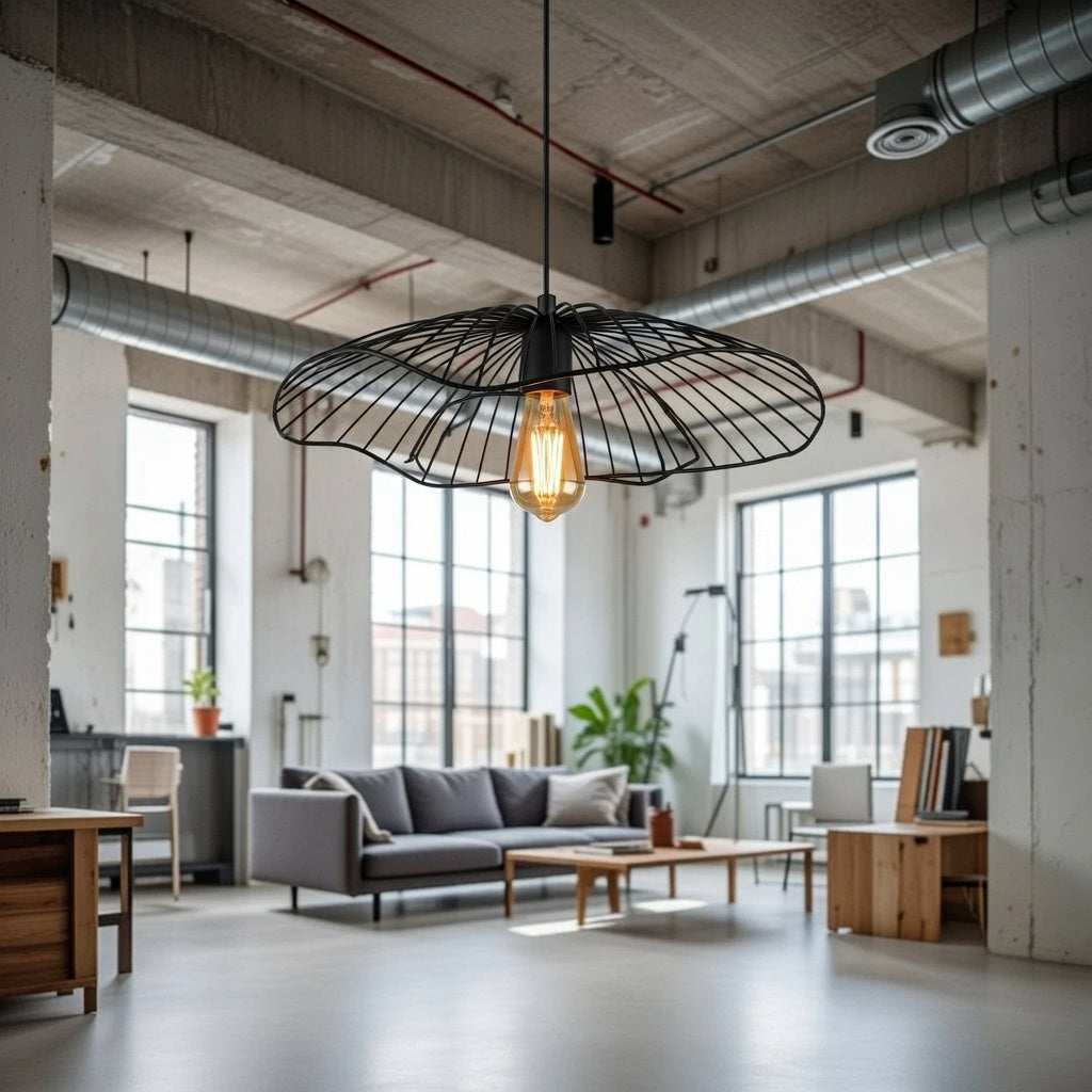 Lustre Suspendu Industriel Fil de Fer Noir - Design Cage