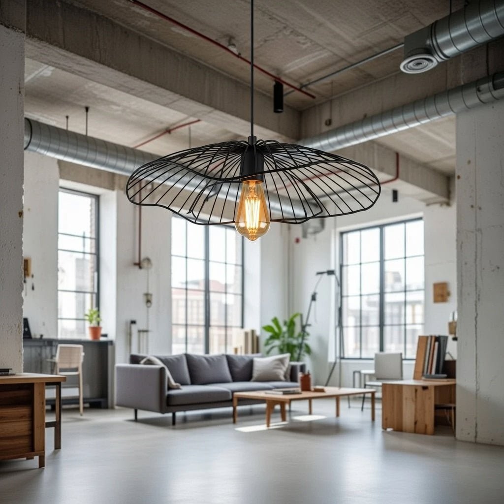 Lustre cage évasée noire installée dans un salon